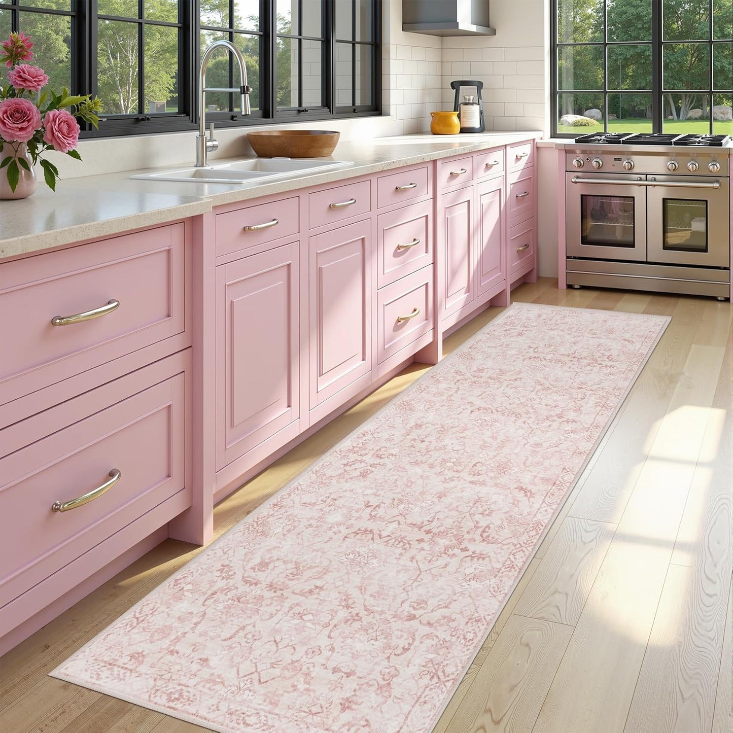 Pink 3x10 Runner Rug for Hallways Bed Side Kitchen, Boho Washable Distressed Low-Pile Floor Entryway Long Bathroom Mat, Non-Slip Laundry Room Washstand Front Carpet Green 36x84 Inch