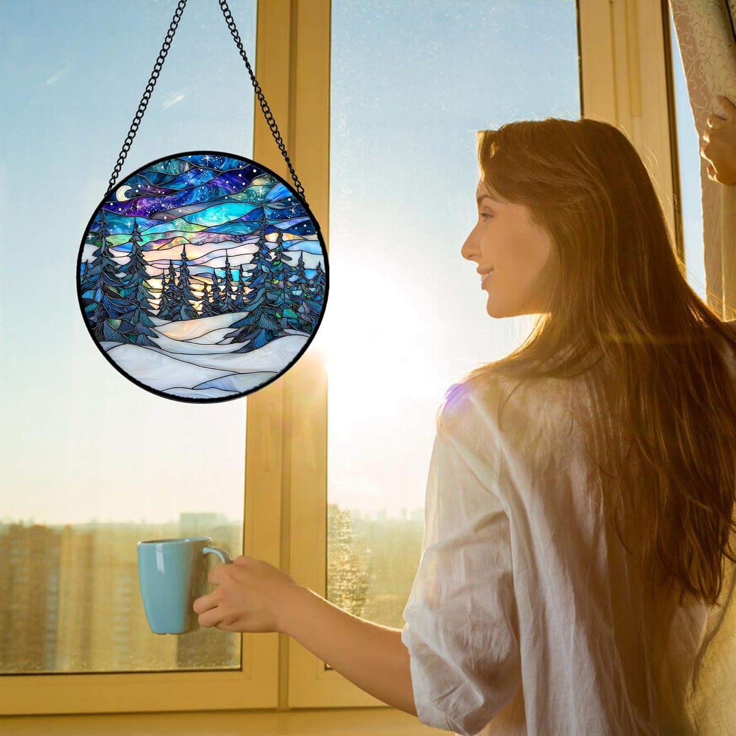 Stained Glass Window Hanging, Starry Sky Trees and Snow Sun Catchers Glass Panel Blue Suncatcher Decor for Birthday for Women, Men, Wife, Aunt, and Mom 11.8x11.8 in