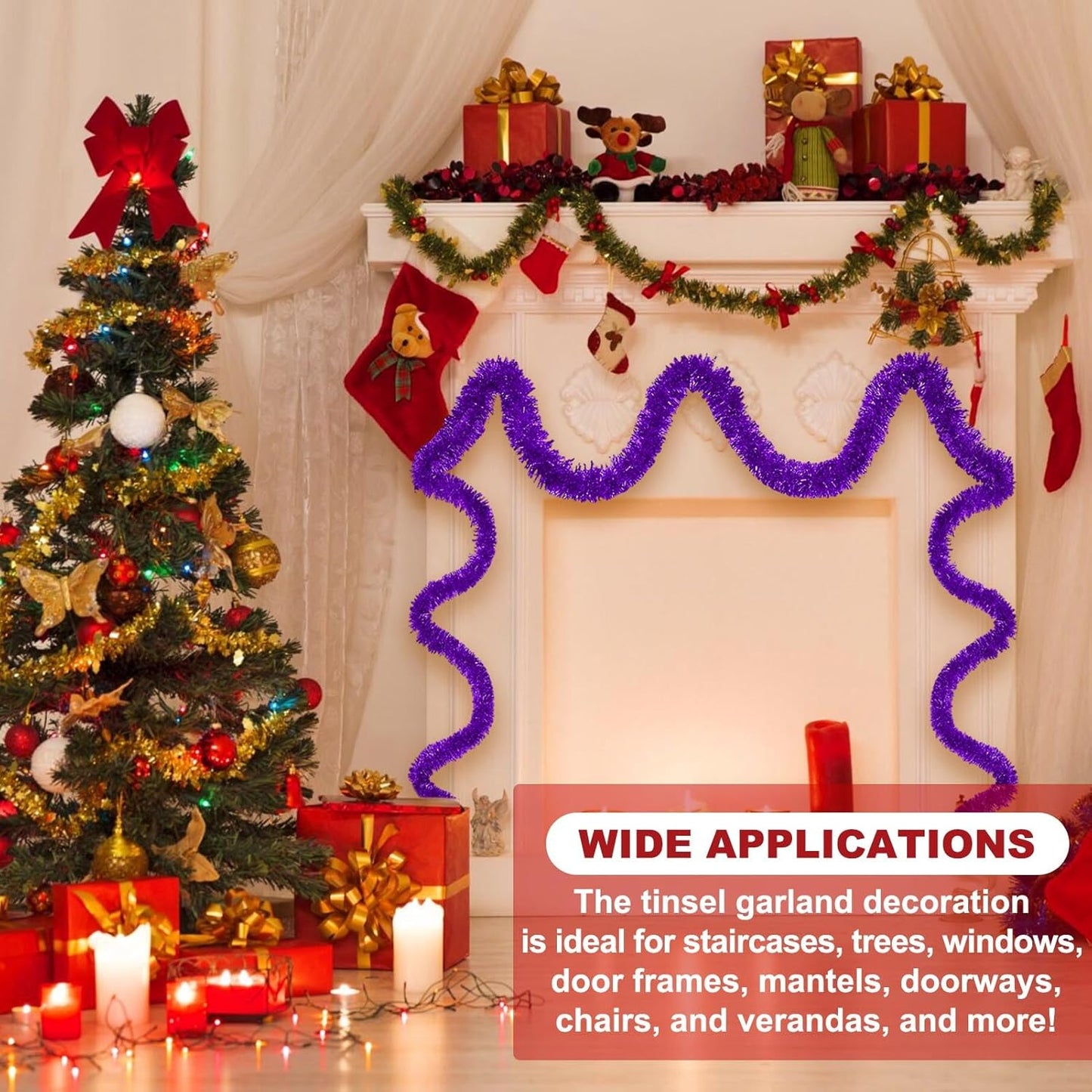 25 Feet Purple Christmas Tinsel Garland, Metallic Foil Twist Banner Wall Hanging Tinsel Streamers Backdrop for Parade Floats, Christmas, Mother's Day, Birthday Party Decorations(4in x 25ft)