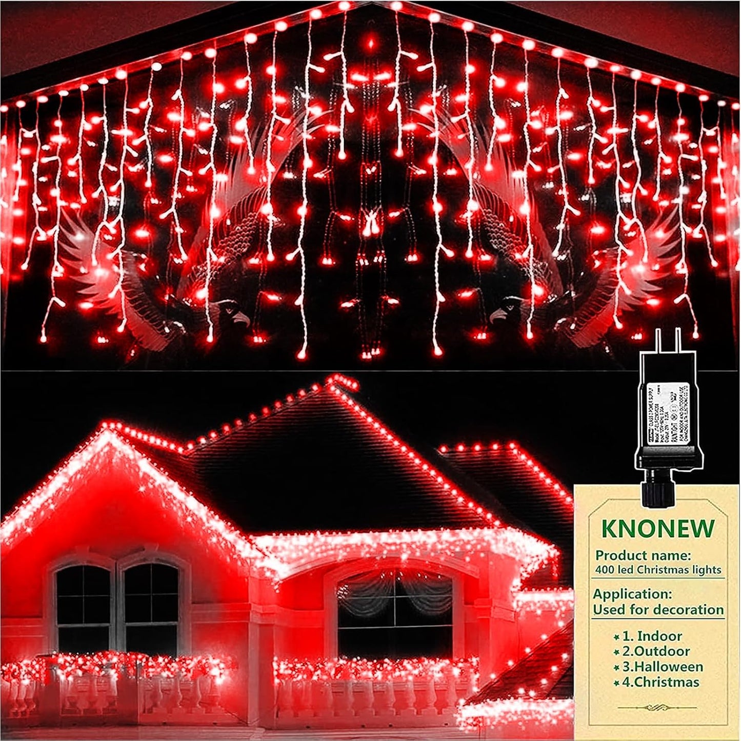 KNONEW Christmas Lights Outdoor Decorations 400 LED 33ft 8 Modes Curtain Fairy String Light with 75 Drops, Clear Wire LED Hanging Light Decor for Wedding Party Holiday Christmas Decorations (Red)