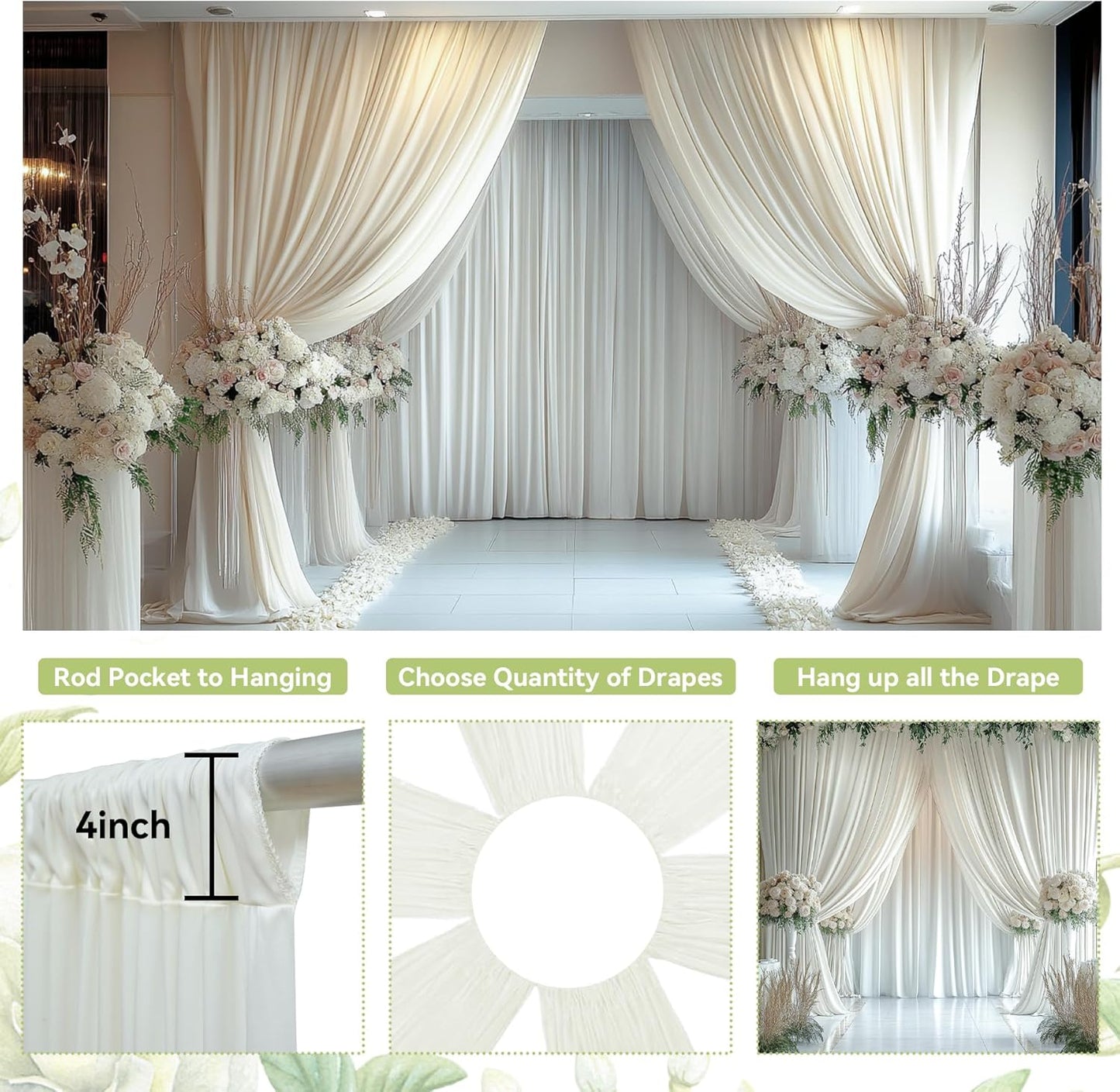 PartyVillage 20ft×15ft Ivory Backdrop Curtain for Wedding Parties, 4 Panels Wrinkle Free 15 FT Long Polyester Photo Backdrop Drapes Back Drop Cloth for Birthday Photography Background