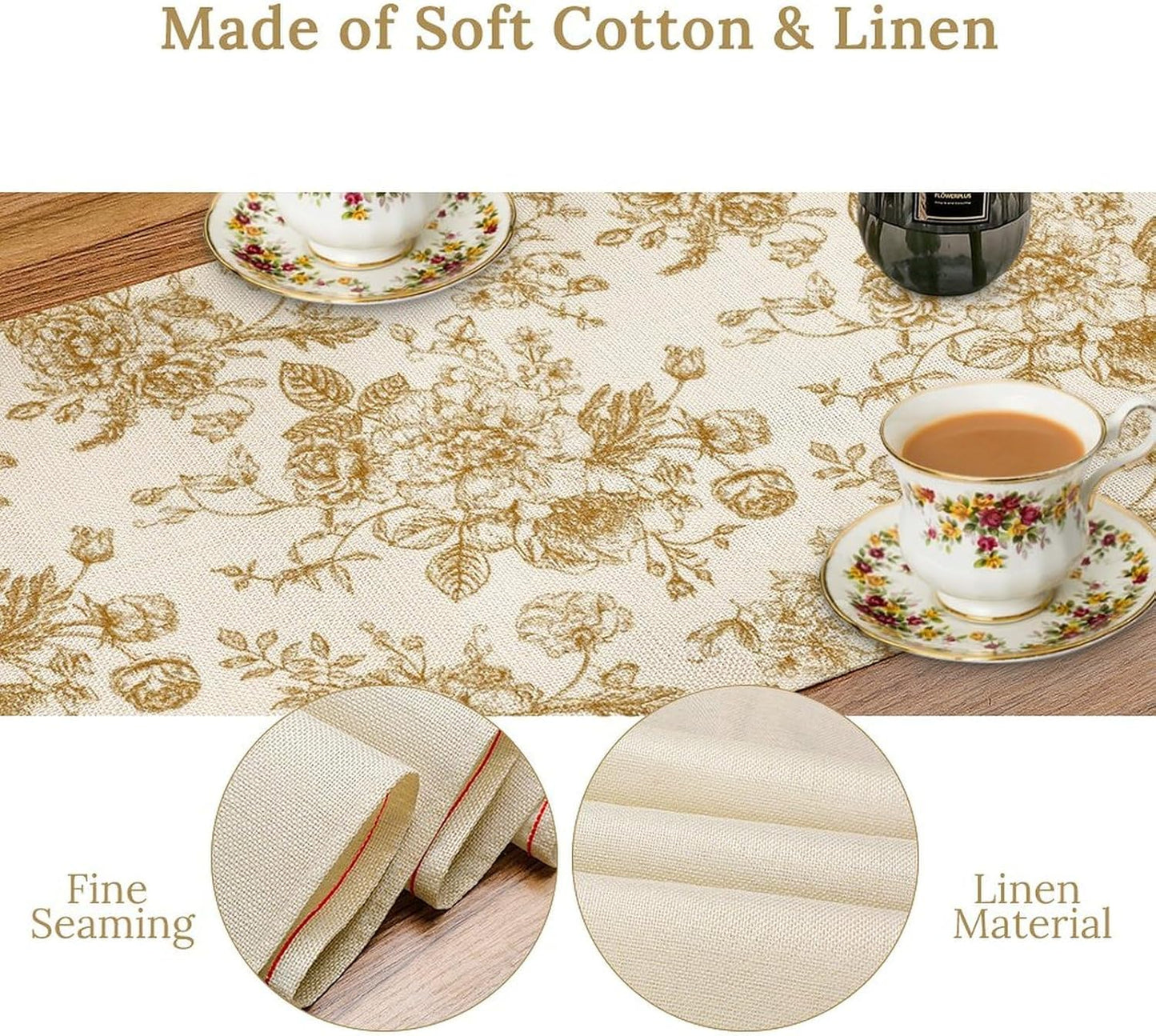 Retro Floral Table Runner, Golden White Wildfloral Sketch Print Kitchen Dinning Table Runner for Indoor Outdoor Home Wedding Party Holiday, 13x60 Inch