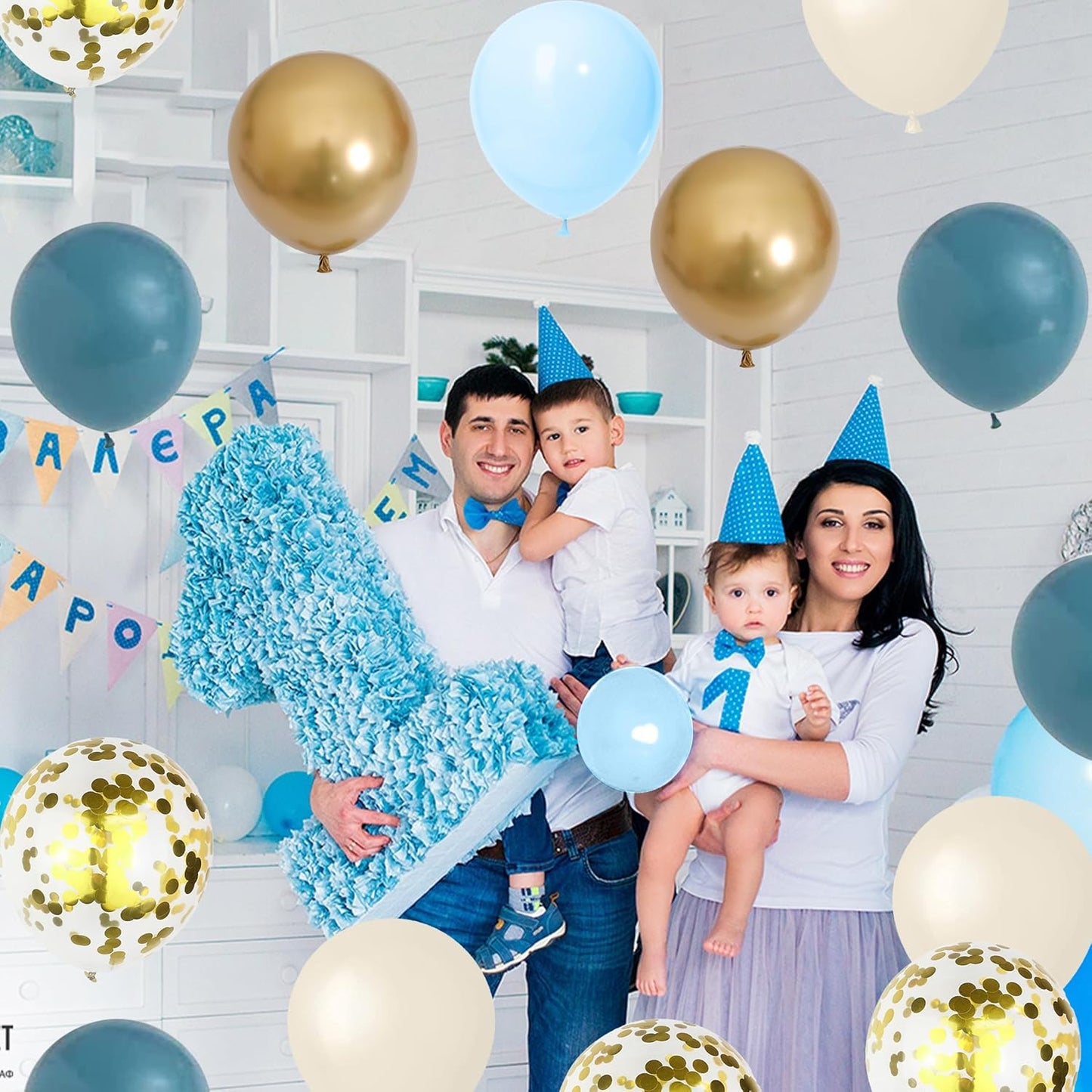 Togvu Dusty Blue Balloon Set, 60 Packs 12 Inches Metallic Chrome Gold Macaron Ocean White Sand Confetti Balloons for Boho Baby Shower Wedding Boy Birthday Graduation Decoration QQ-5023