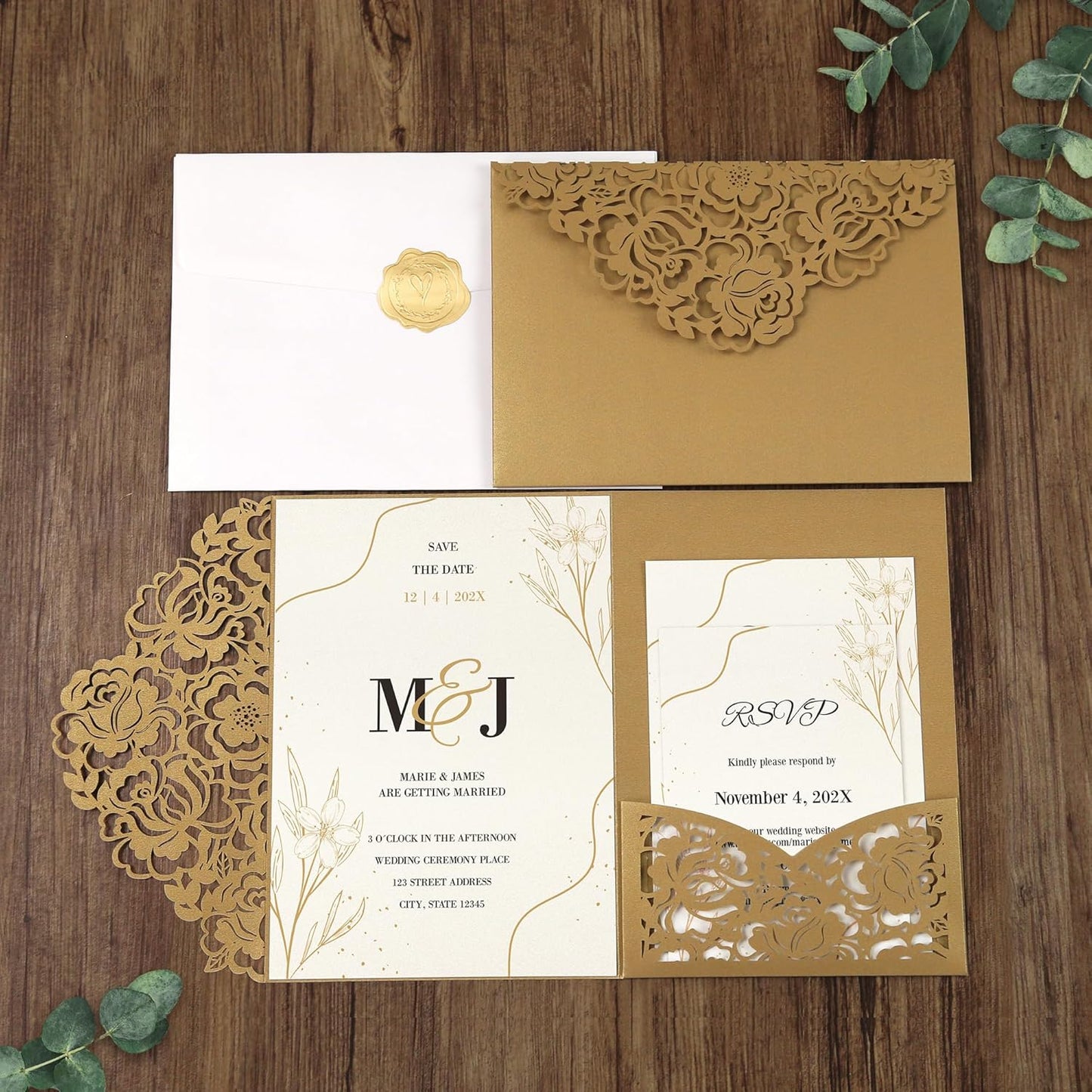 DORIS HOME 50pcs Laser Cut Wedding Invitation Pockets with Envelopes Gold, 5.12" x 7.12"Invitation Cards for Wedding, Anniversary (No Inserts Included)