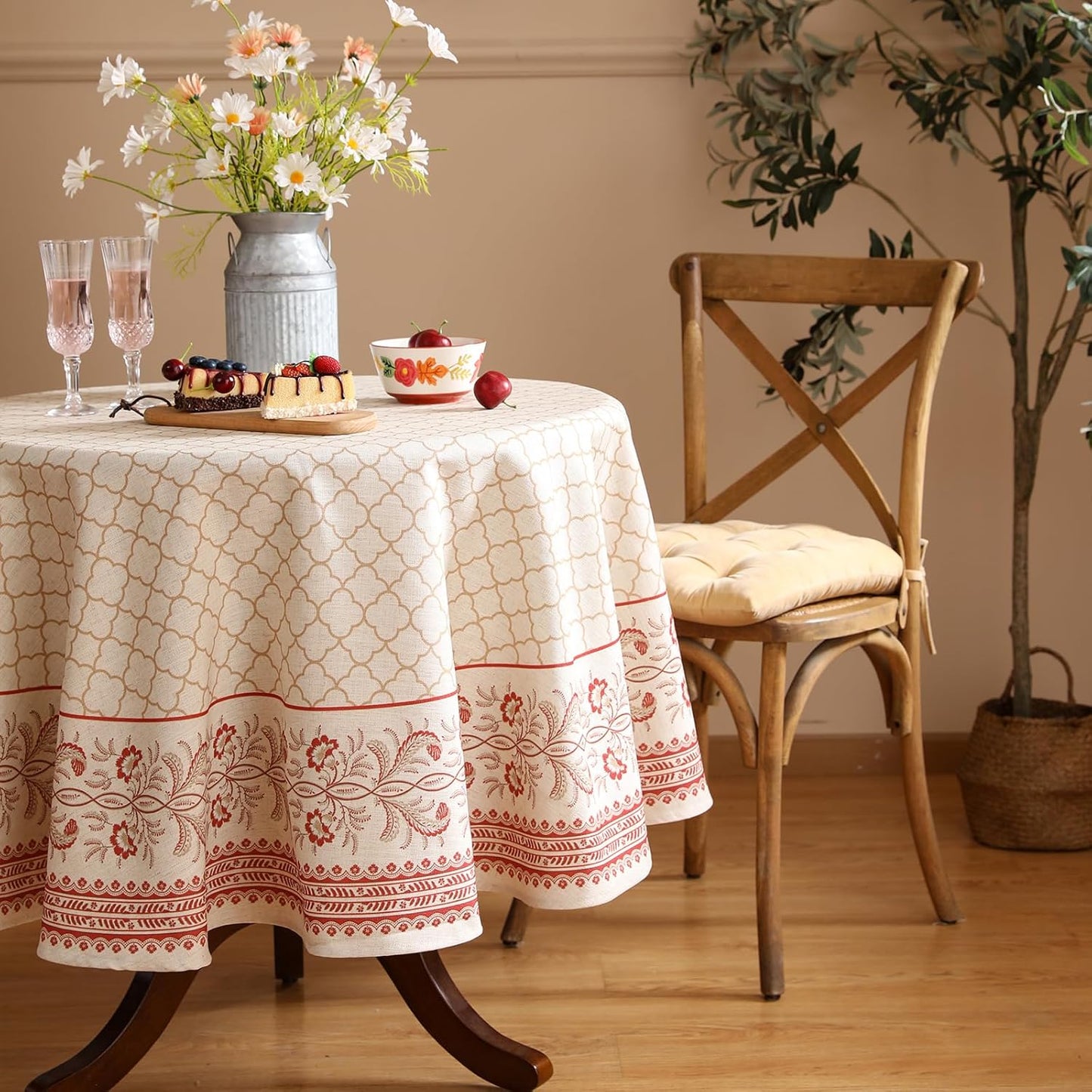 ISAENNE Designer Linen Floral Small Round Tablecloth,Pale Yellow Farmhouse Indoor Table Cloth,Durable Decor Tablecloths for Dining Kitchen Thanksgiving Christmas,Diameter 55"-Chamonix A