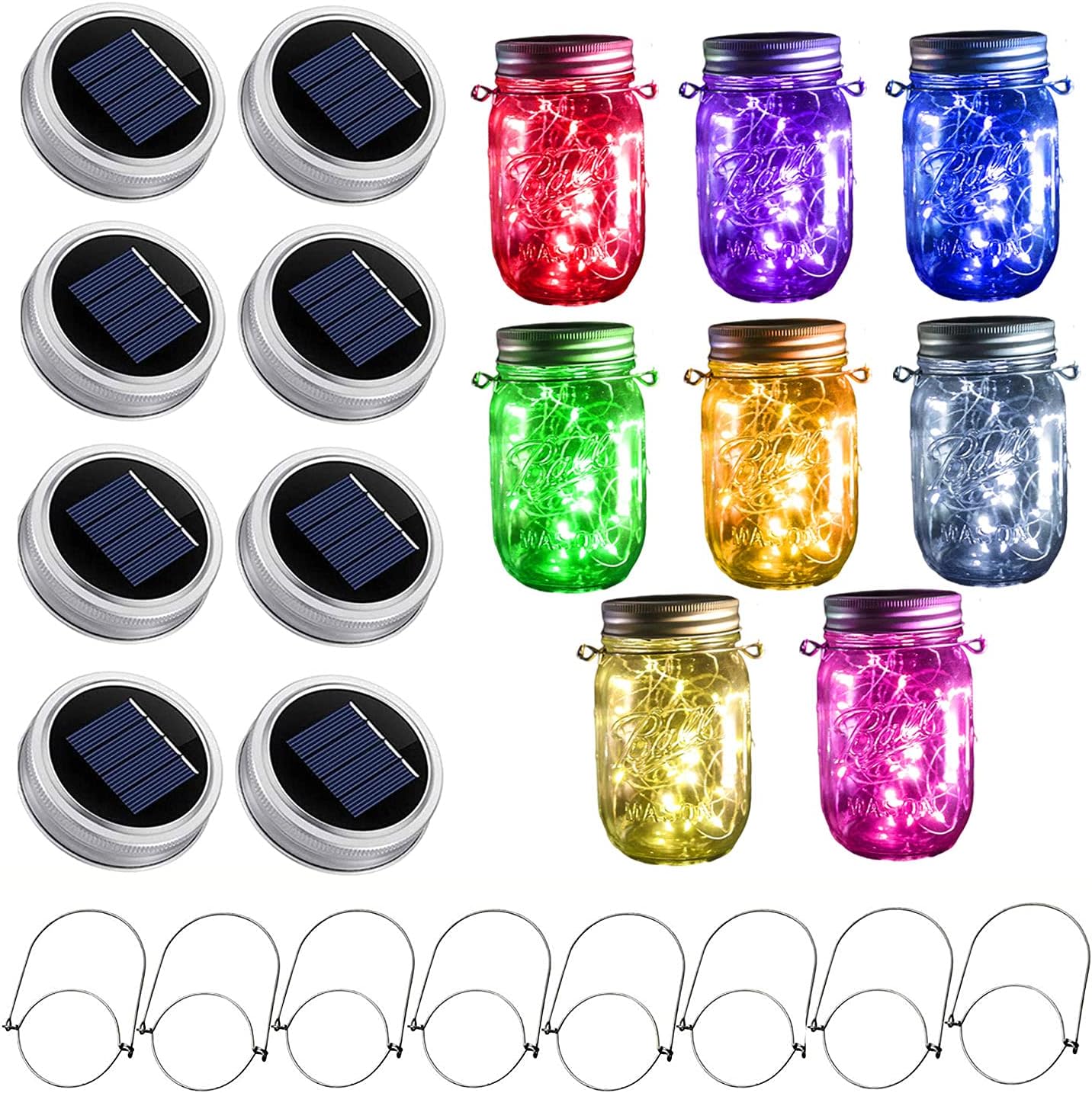 Upgraded Solar Mason Jar Lights, 8 Pack 10 LED Waterproof Fairy Firefly Jar Lids String Lights with Hangers(Jars not Included), Patio Yard Garden Wedding Easter Decoration - 8 Colors