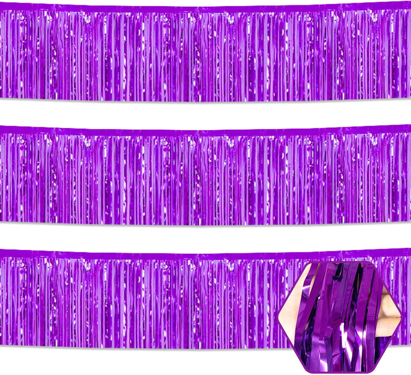 3 Pack 10 Feet Purple Foil Fringe Garland Metallic Tinsel Streamers Banner Wall Hanging Curtain Backdrop for Parade Floats, Christmas Day, Valentine's Day, Thanksgiving, Birthday Party Decorations