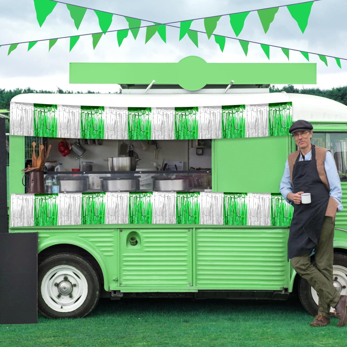 3 Pack 10 Feet Silver Green Foil Fringe Garland Metallic Tinsel Streamers Banner Wall Hanging Curtain Backdrop for Parade Floats, Mother's Day, Wedding, Graduate, Easter, Birthday Party Decorations