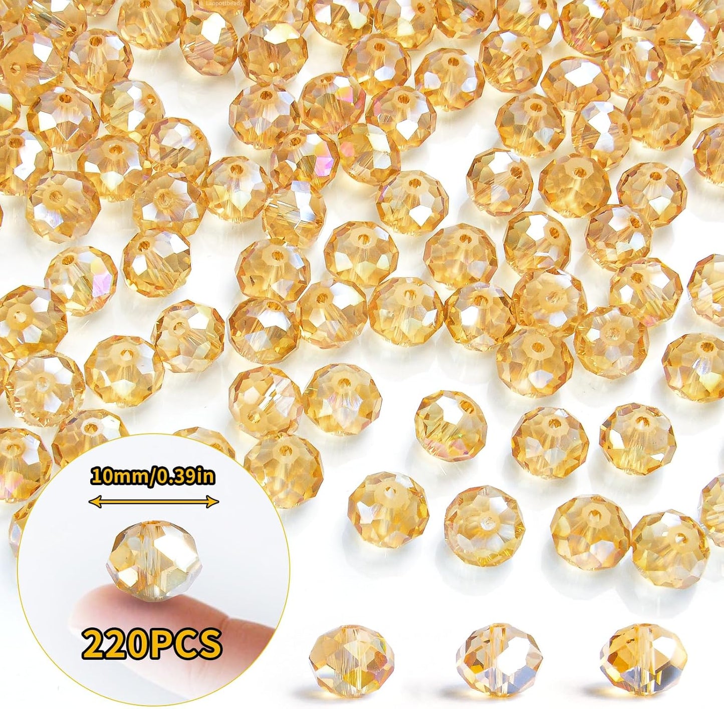 220Pcs 10mm Crystal Glass Beads for Jewelry Making Beads for Bracelets Necklace Pendants Making Supplies(Gold Champagne)