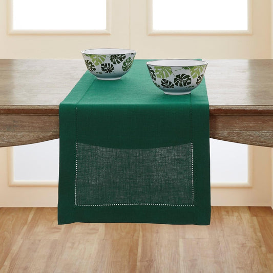 Solino Home Linen Rainforest Green Table Runner 72 Inches Long - 100% Pure Linen Hemstitch Table Runner 14 x 72 Inch for Dresser, Dining, Fall, Autumn, Thanksgiving, Christmas - Classic Hemstitch