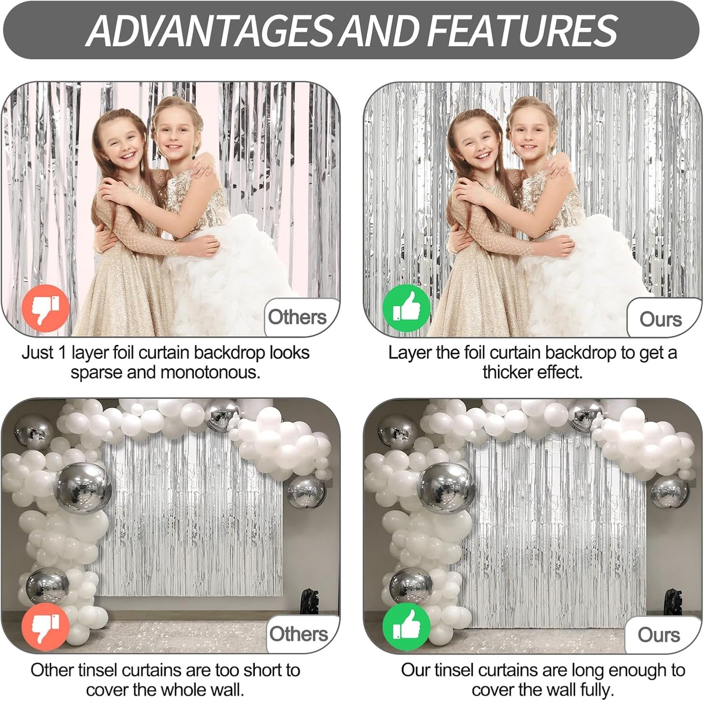 2 Pack Silver Foil Fringe Curtains Streamers Party Decorations 3.3 x 8.2 ft, Tinsel Curtain Fringe Backdrop for Parties, Silver Door Fringe Birthday Streamers, Photo Booth Backdrops, Party Decor