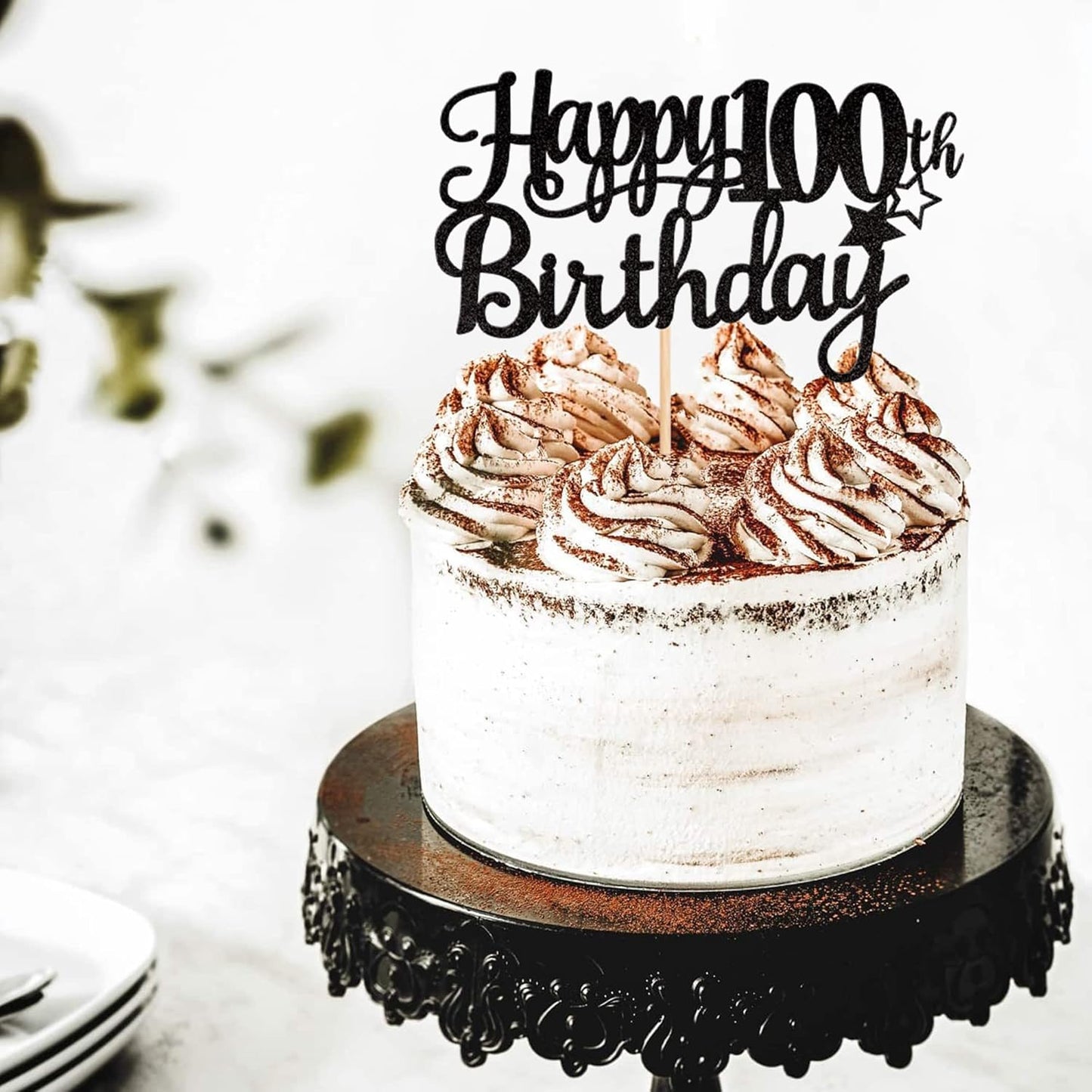1 PCS Happy 100th Birthday Cake Topper Glitter Cheers to 100 Years Cake Pick 100 Fabulous Cake Decoration for 100th Birthday Party Decorations Supplies Black