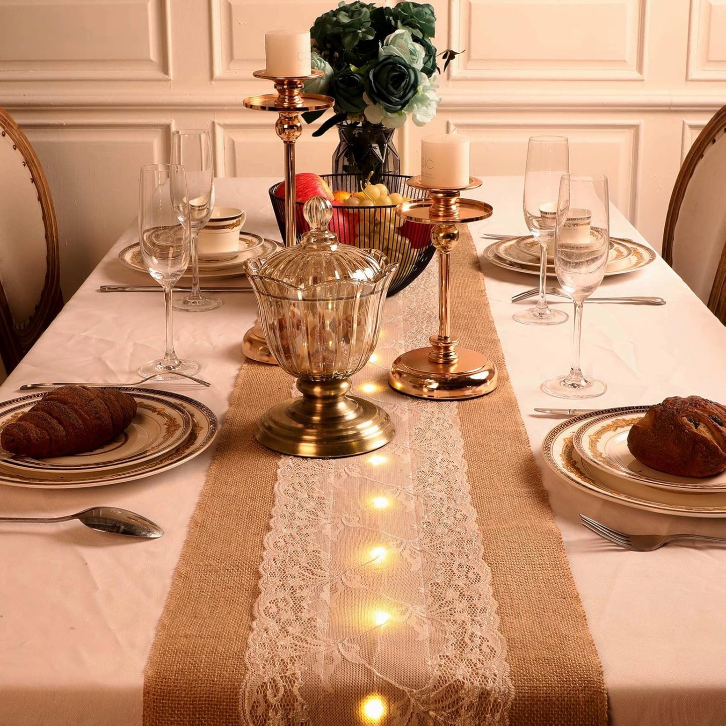 Burlap Table Runner with LED String Lights Rustic 12" x 108" Christmas Tablecloth Lighted Table Runner Farmhouse Decor for Wedding Bridal Shower Xmas Holiday