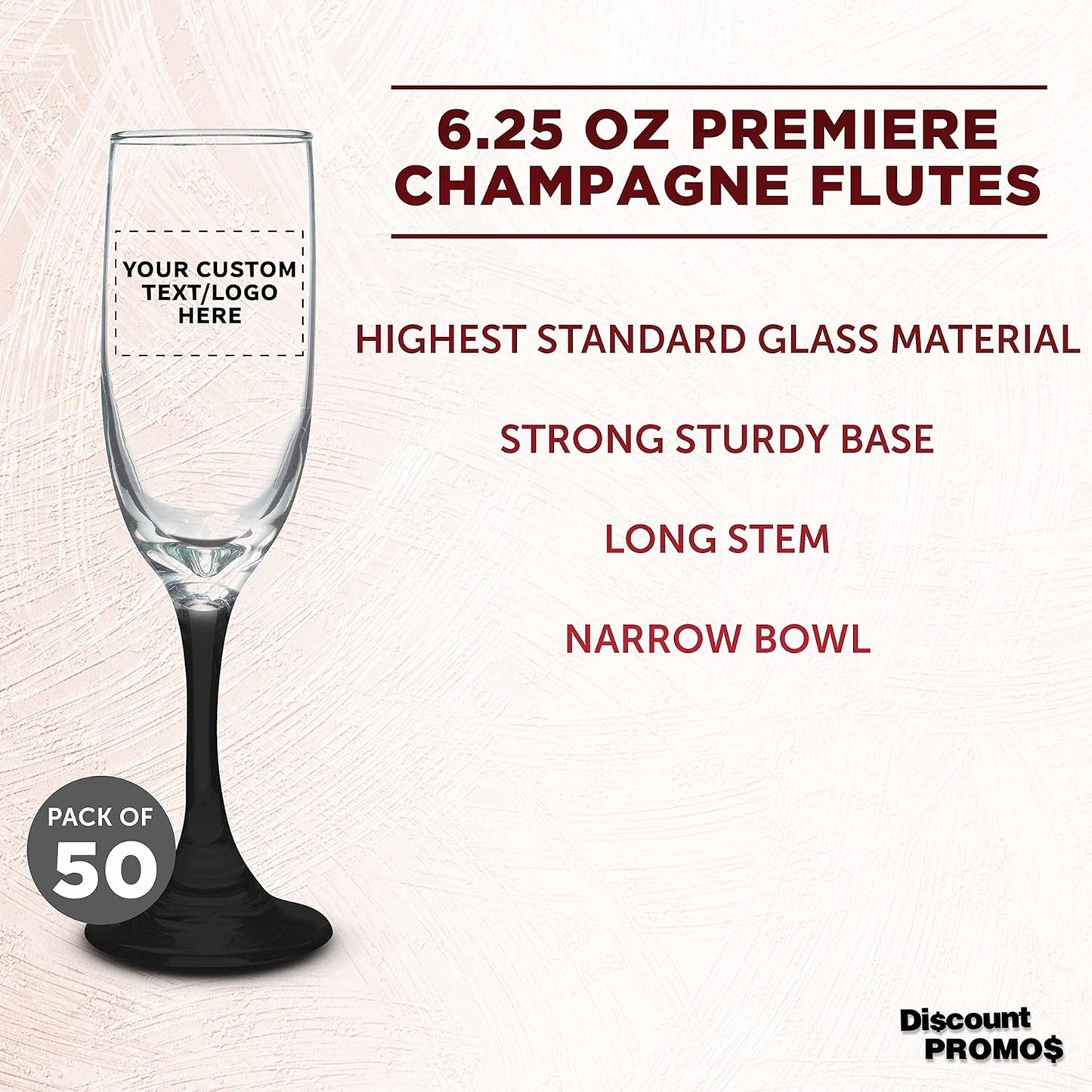 DISCOUNT PROMOS Custom Premiere Champagne Flutes 6.25 oz. Set of 50, Personalized Bulk Pack - Elegant Drinkware for Weddings, Events, & Promotional Gifts - Black