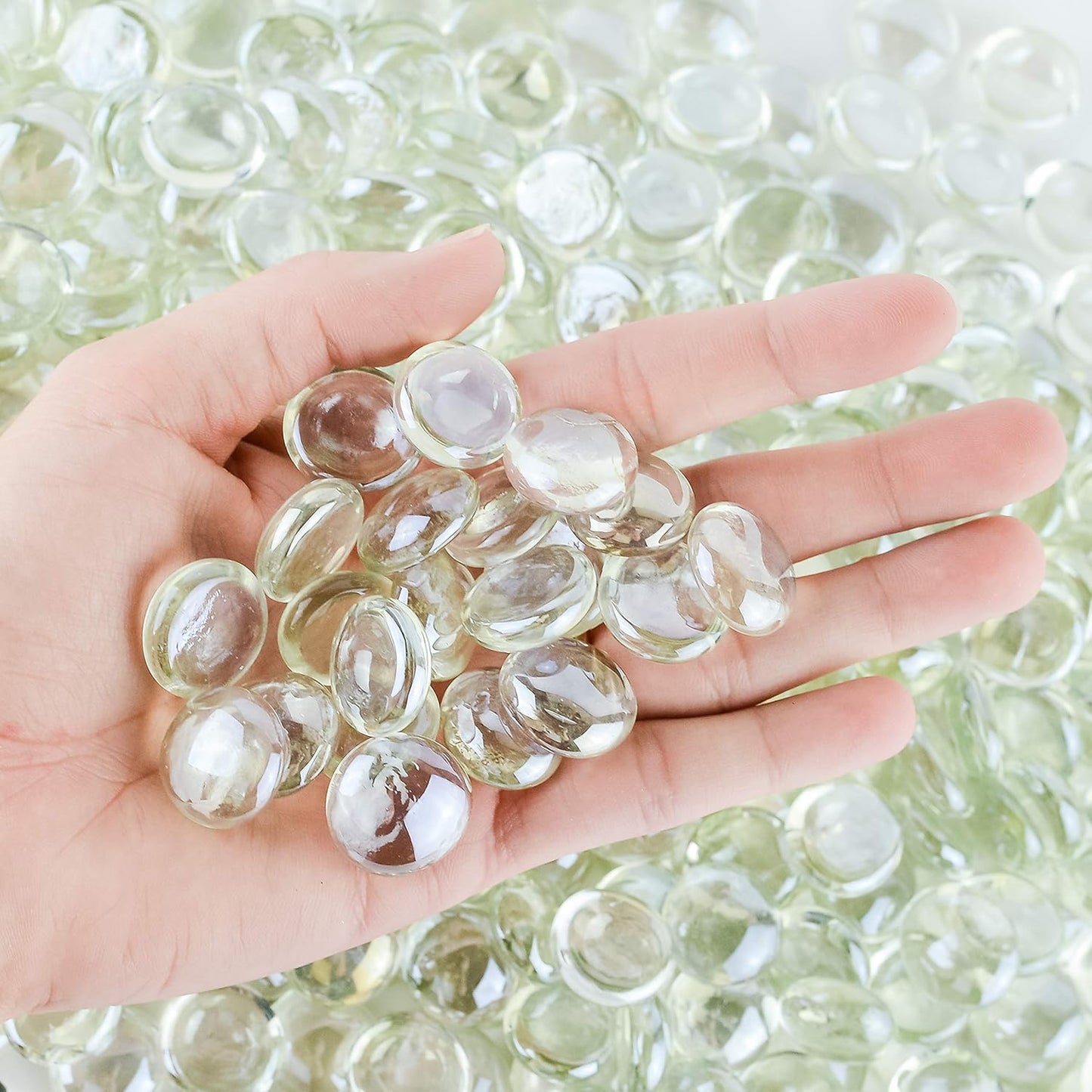 Galashield Flat Glass Marbles for Vases Clear Glass Gems Beads Pebbles Vase Filler (1 LB, Approx. 105 PCS)