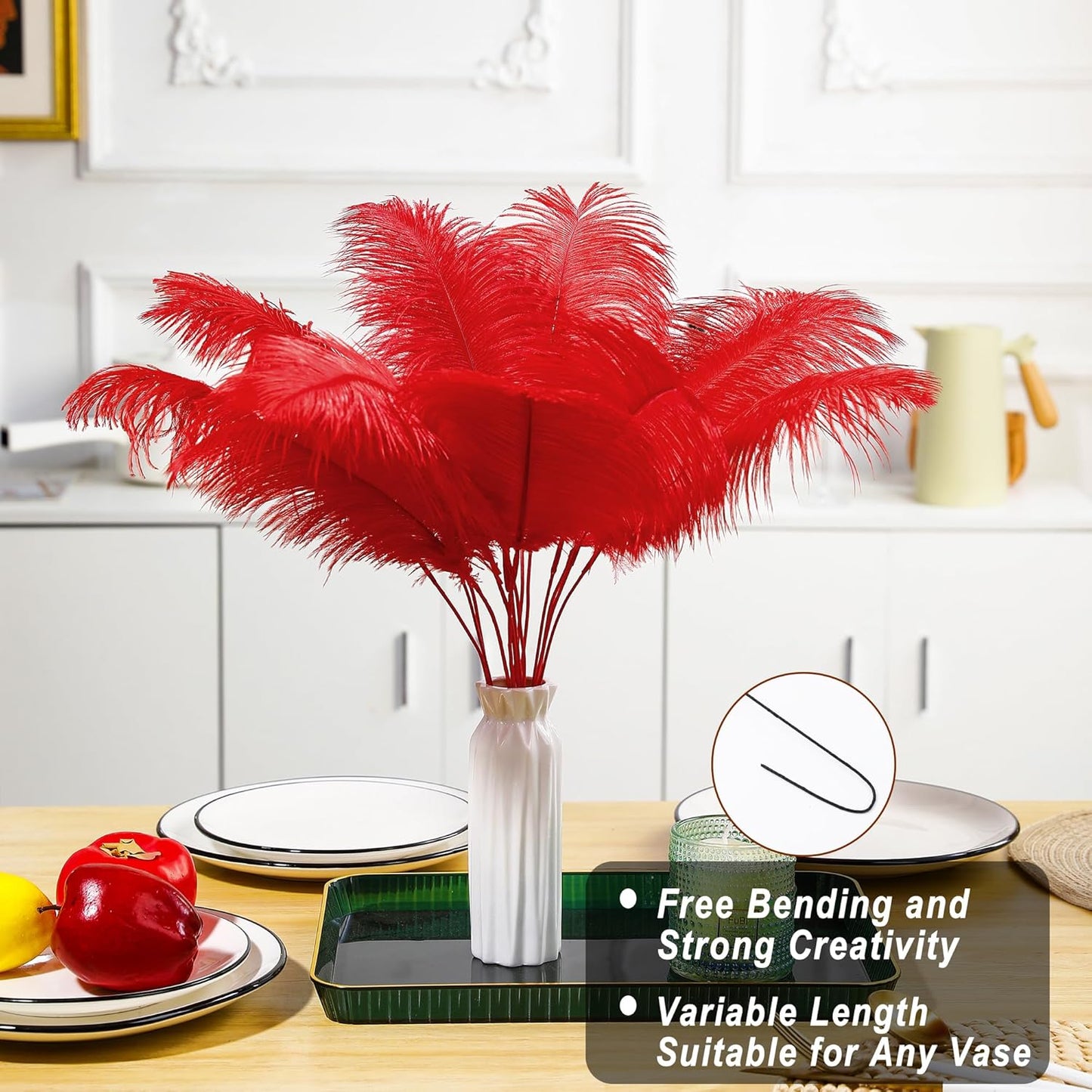 Holmgren Red Ostrich Feathers for Vase - 20pcs Making Kit 22 Inch Long Ostrich Feathers for Vase, Floral Arrangement, Wedding Party Centerpieces Home Decorations (Red)