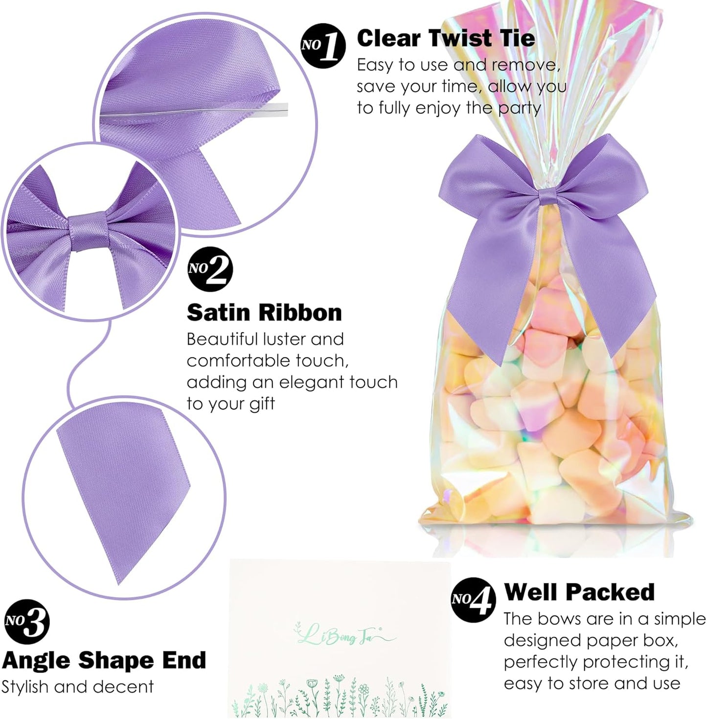 4.5" Satin Ribbon Light Purple Bows for Gift Wrapping, Twist Tie Bows, Cute Bows for Crafts, Party Favors, Premade Bows Pre-Tied Decorative Bows for Flower Bouquets Candy Apple Bows-24 Counts