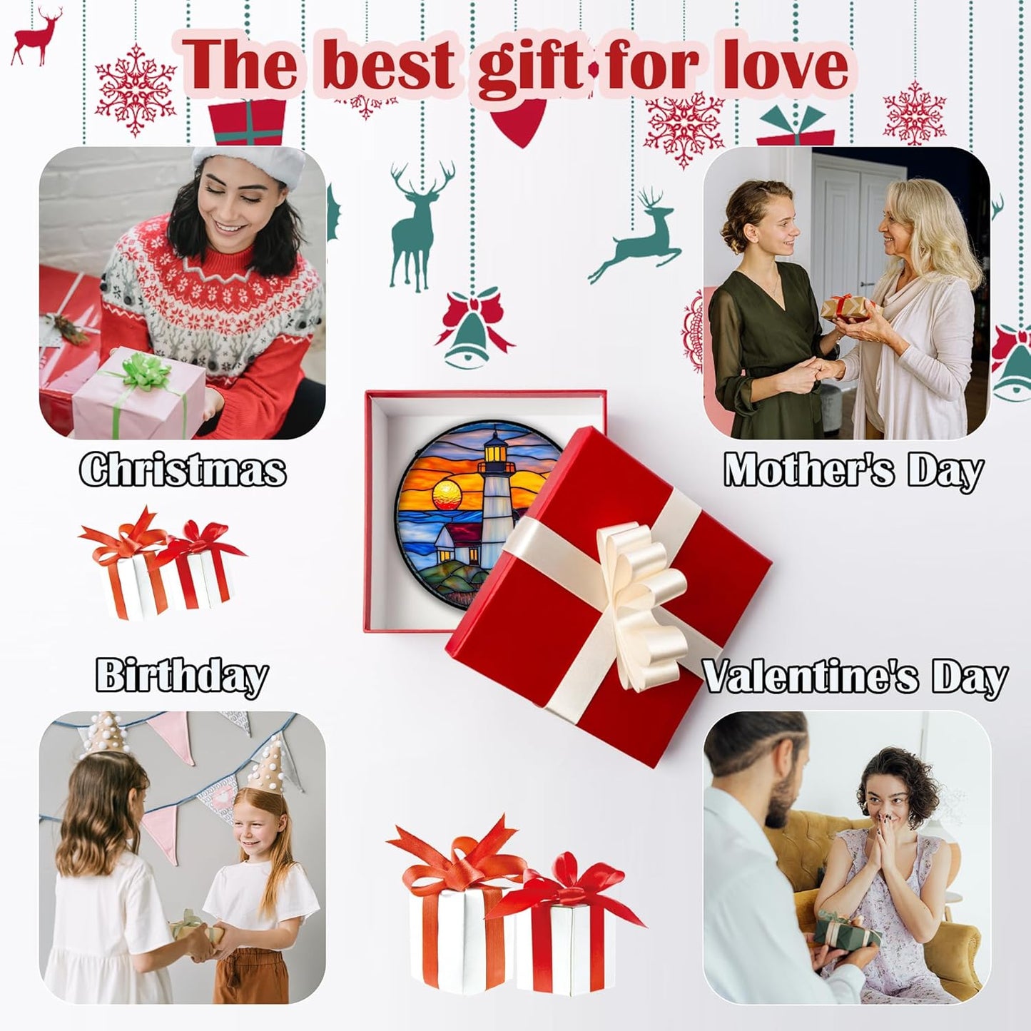 Stained Glass Window Hanging - Sea Lighthouse Suncatcher for Door Terrace Garden Home Decor Sunset Beach Scenery Sun Catcher Birthday Gifts for Lovers Women Men Dad Mom Nana 7.8 in