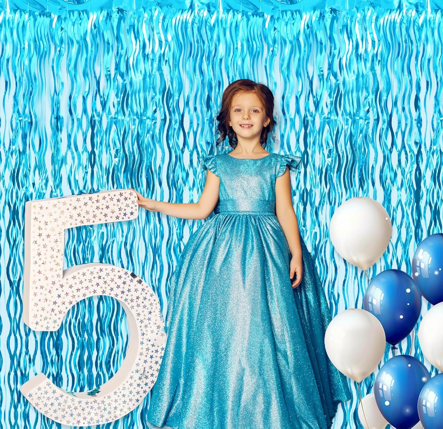 GOER 3.2 ft x 6.5 ft Metallic Tinsel Foil Fringe Curtains Party Photo Backdrop Party Streamers for Birthday,Graduation,New Year Eve Decorations Wedding Decor (5 Pcs,Wavy Light Blue)