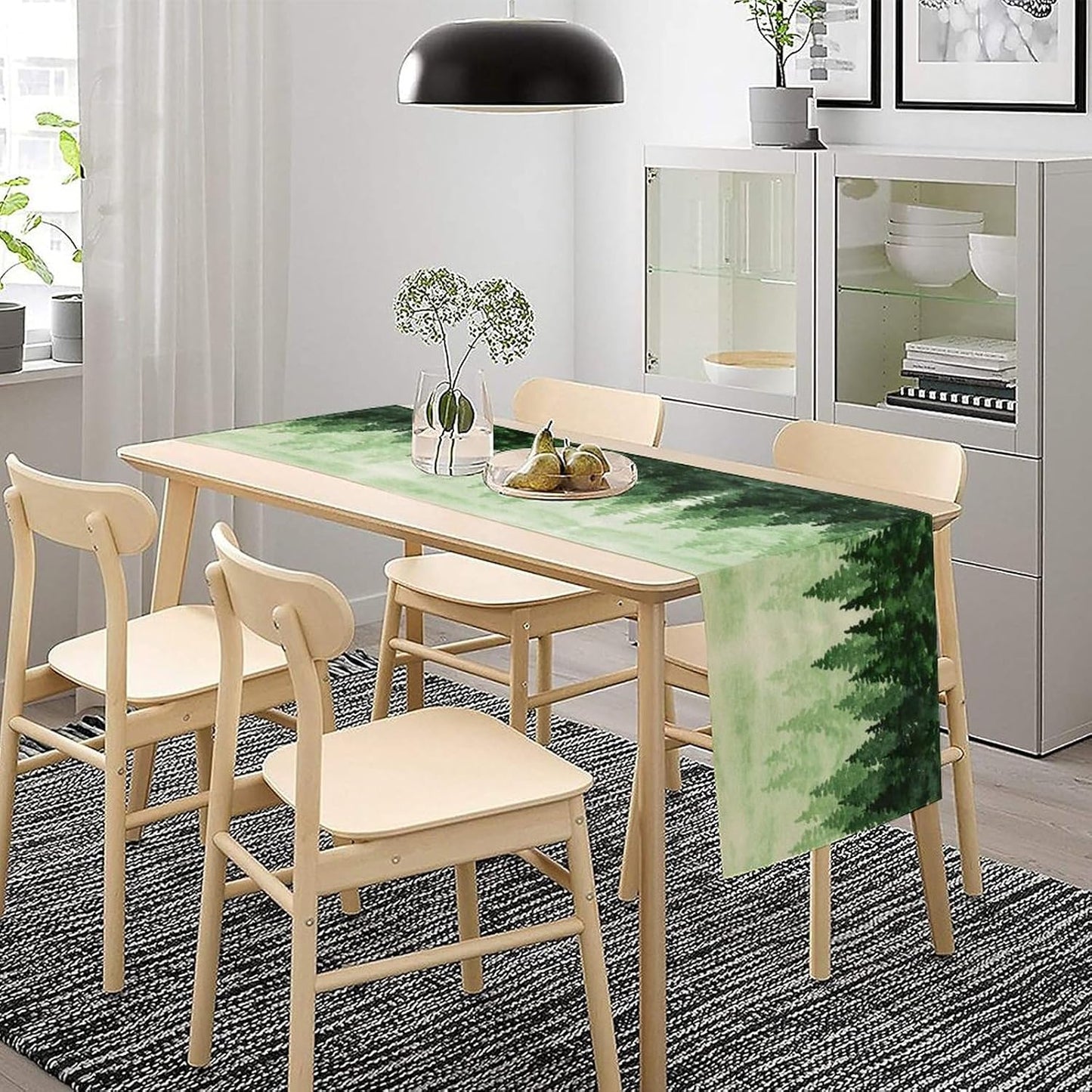 Foggy Forest Table Runner,Watercolor Wreen Misty Forest Landscape Table Runner for Kitchen Dining Table Home Party Decoration 13x36 Inch