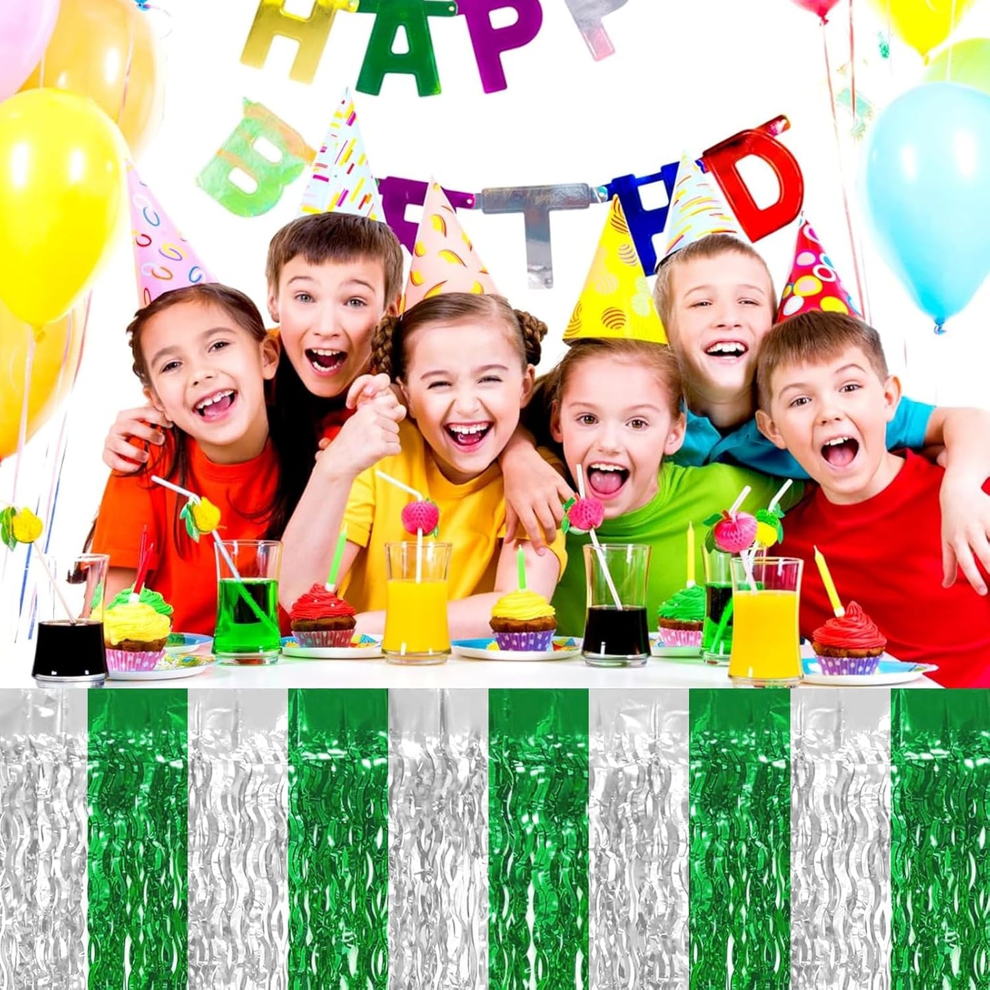 4P Wavy Metallic Tinsel Foil Fringe Table Skirts for Rectangle Tables Backdrop Garland Curtains for Parade Floats Wedding Birthday Parties Decoration Graduation 2025 Christmas (Silver Green)