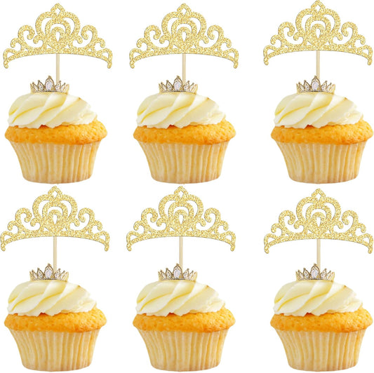 Gyufise 24Pcs Gold Princess Crown Cupcake Toppers Glitter Princess Cake Pick Decorations for Wedding Girl Birthday Baby Shower Party Decorations Light Gold
