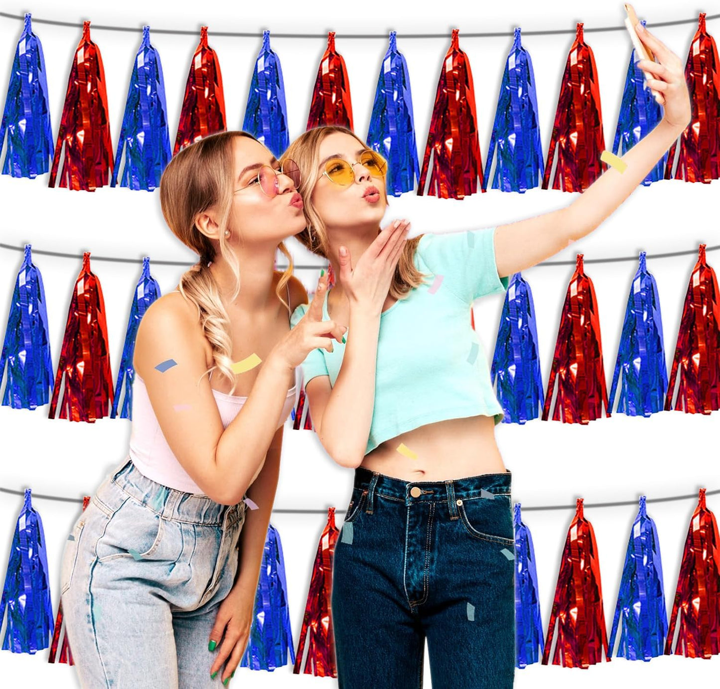 3P Blue Red Metallic Fringe Tassel Banner Garland Foil Tinsel Streamer Wall Curtain Backdrop for Parade Floats, Graduation, Independence Day, 4th of July, Patriotic Themed Party Decoration