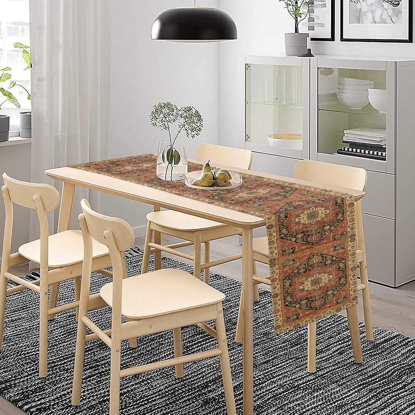 Vintage Boho Floral Table Runner, Rustic Country Farmhouse Orange Black Retro Flower Pattern for Home Kitchen Table Decor Dining Coffee Room Party Decor 13x60in