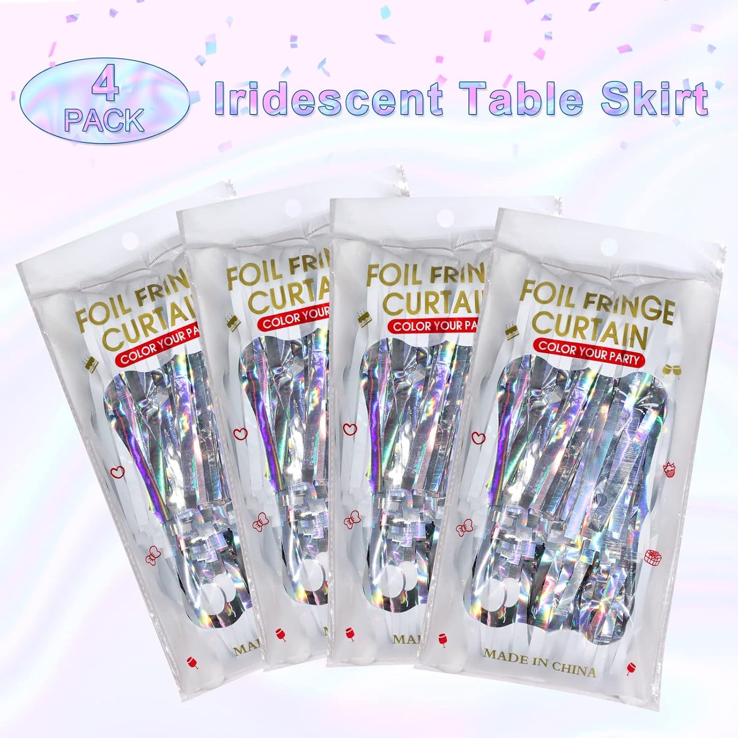 4 Pack Iridescent Table Skirt, Metallic Foil Fringe Tinsel Table Skirts for Rectangle Tables, Disposable Laser Rainbow Table Skirt Iridescent Party Decorations for Birthday Wedding Holiday, 29x108Inch