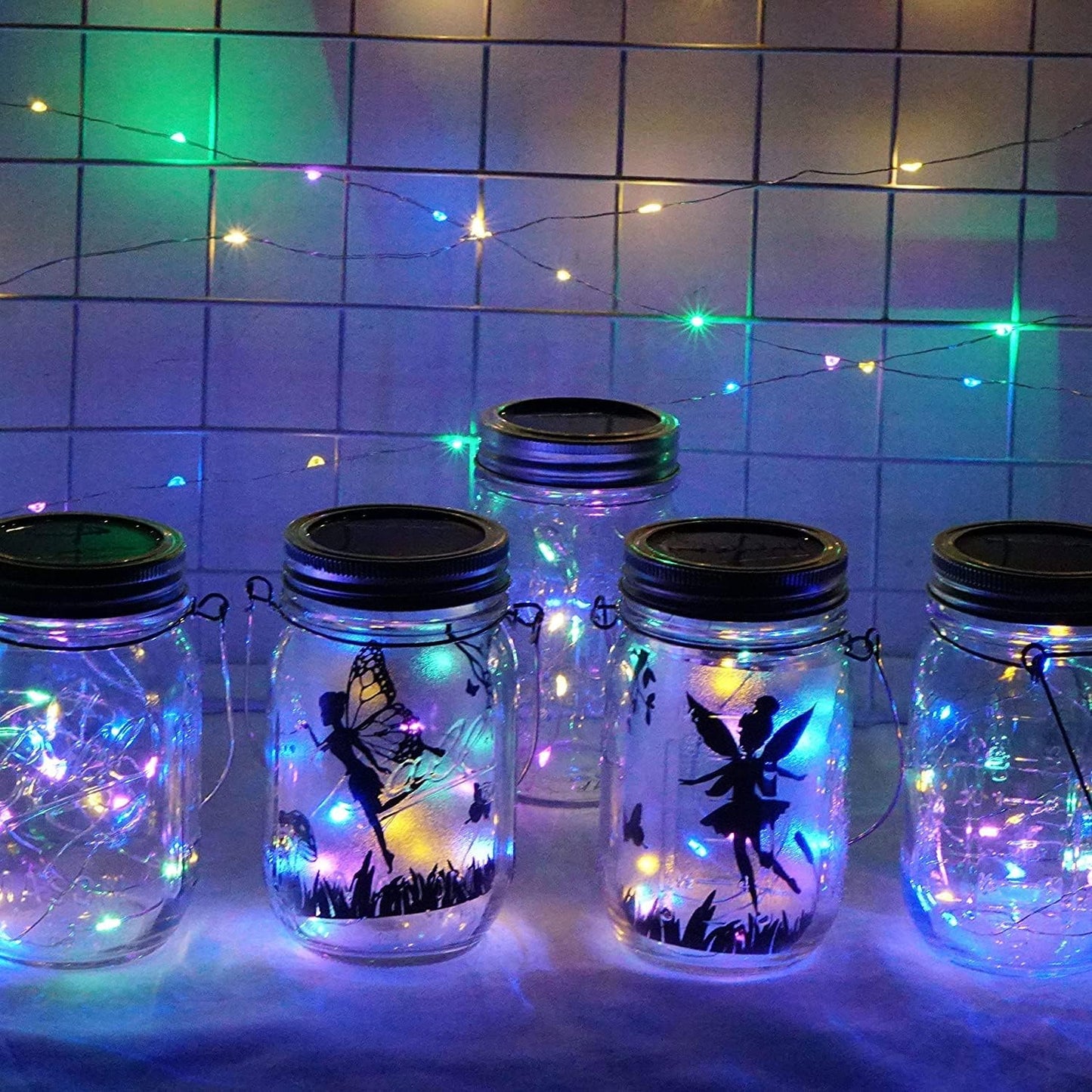 Solar Mason Jar Lid String Lights, 8 Pack 20 Led String Fairy Star Firefly Jar Lids Lights with 8 Hangers Included, for Patio Garden Wedding Lantern (Multi-Colored)