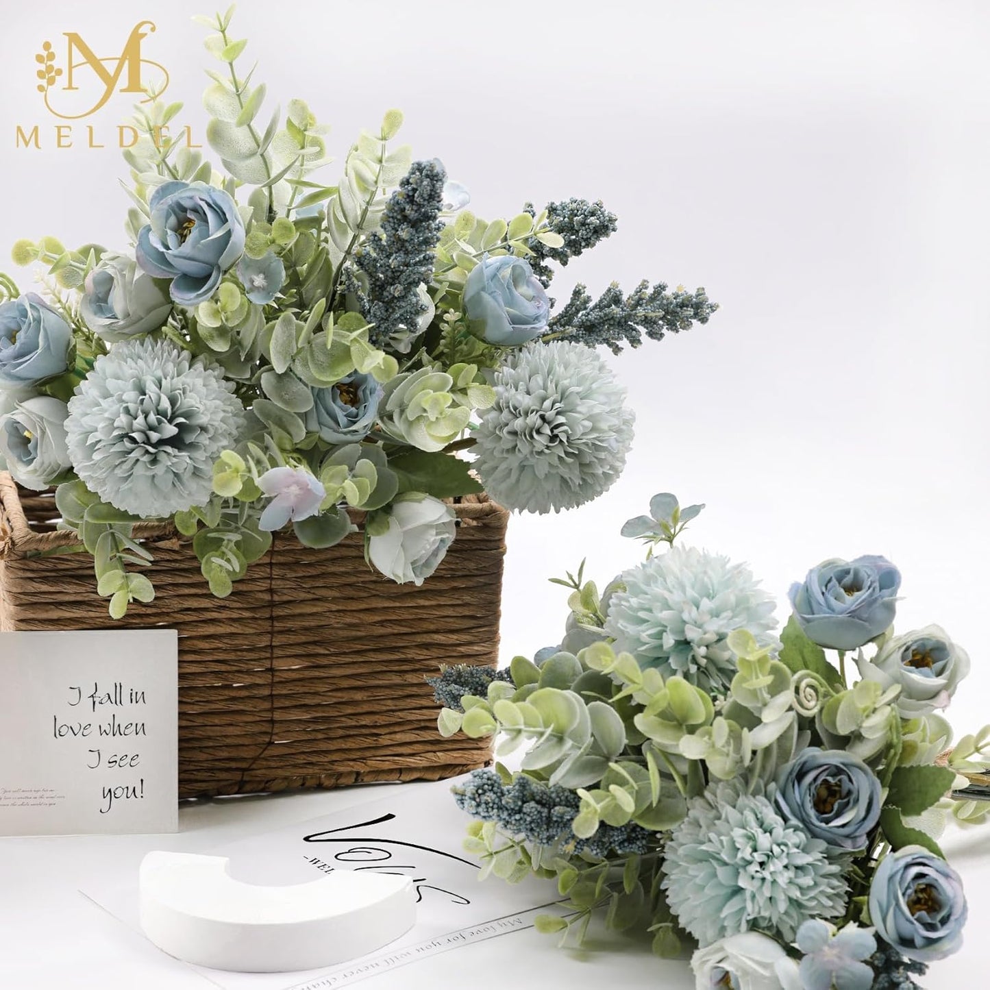 Meldel 3Pcs Rose Bouquet Blue Artificial Flowers Fake Eucalyptus Plants Silk Flower Arrangements Wedding Bouquets Decorations Plastic Floral Table Centerpieces for Home Kitchen Garden Party Decor