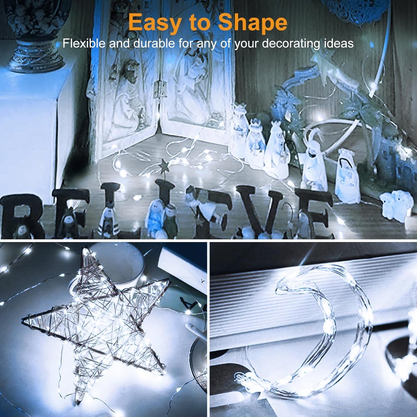 btfarm 50 Pack LED Fairy Lights Battery Operated [3 Modes] Twinkle Lights, 7FT 20 LED Mini String Lights Mason Jars Silver Wire Small Christmas Wedding Party, Cold White