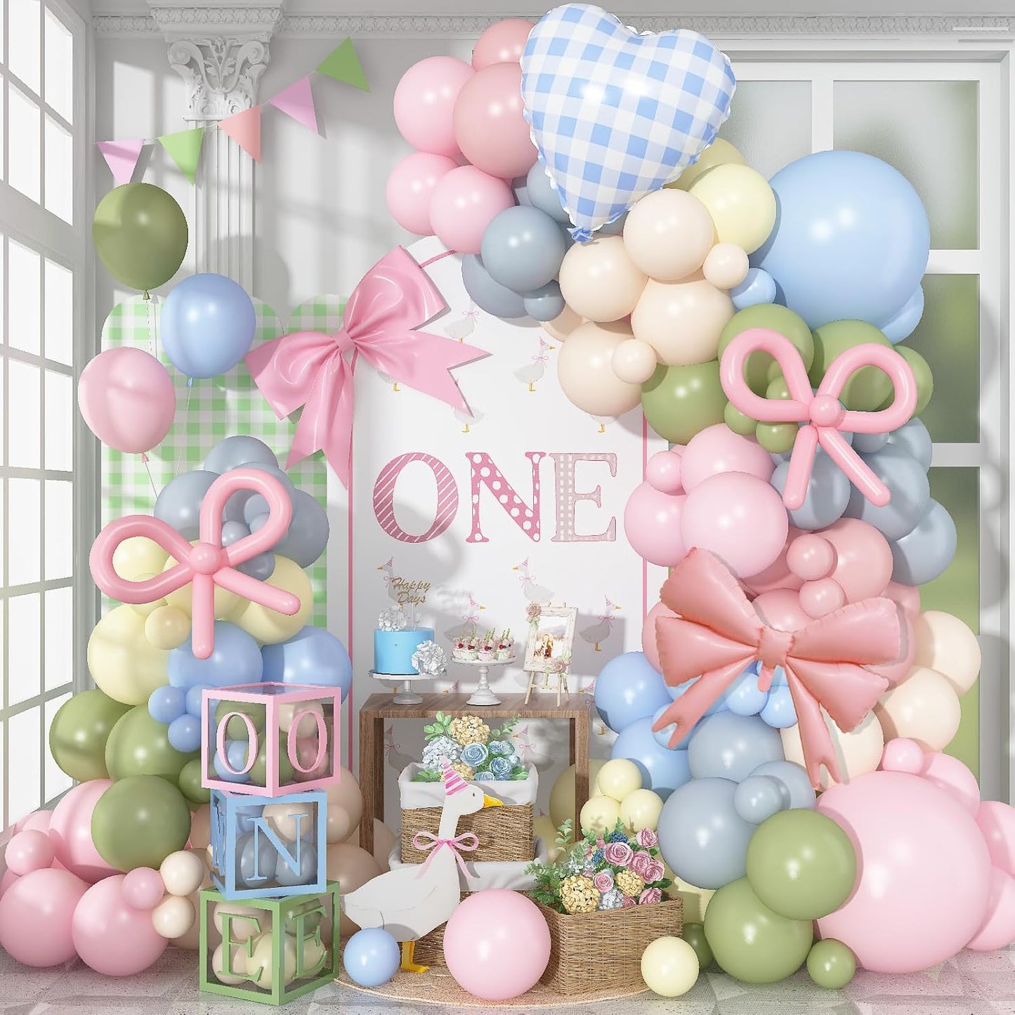 Goose Balloon Arch Kit Pastel Pink Blue Sage Green Balloons Garland with Bow Gingham Heart Foil Goose Birthday Decorations Girls Dusty Pink Blue Olive Yellow Duck Baby Shower Gender Reveal Party Decor