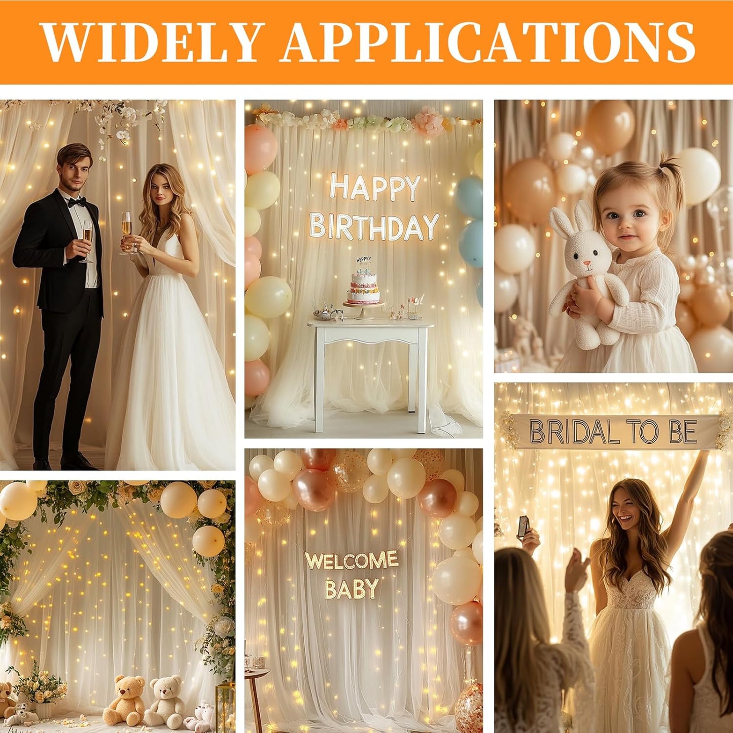 10x10ft Ivory Tulle Backdrop Curtain with String Lights, Wrinkle-Free Sheer Wedding Backdrop for Birthday Parties, Baby Showers, Bridal Showers, Photo Shoots and Home Decorations, Ivory