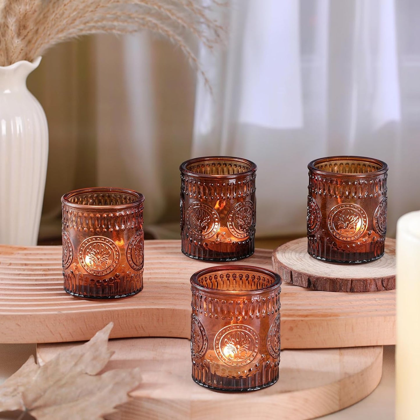 24 Pcs Amber Votive Candle Holders, Glass Tealight Candle Holders for Home Decor, Wedding Table Centerpiece, Birdal Shower, Party