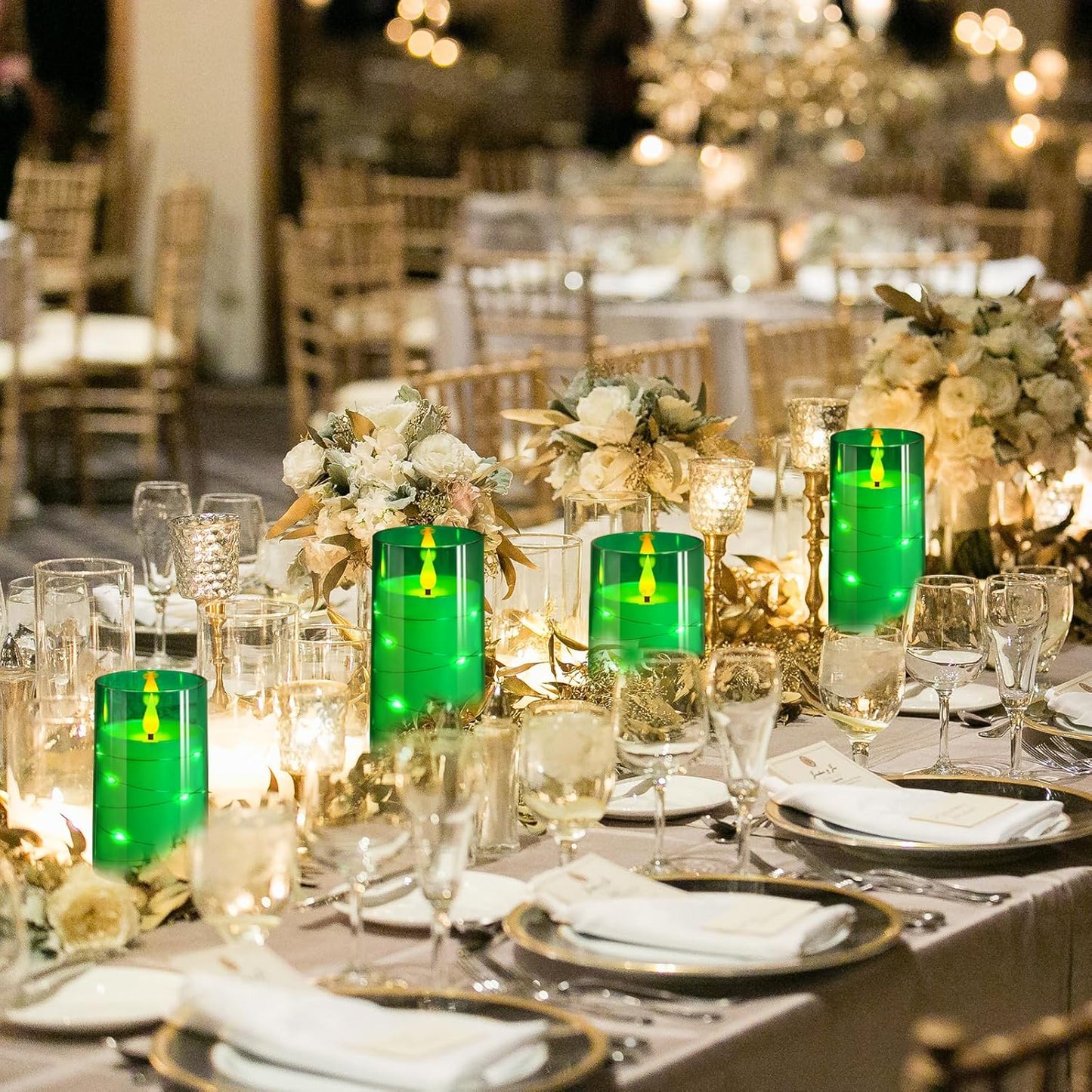 NURADA Flickering Flameless Candles: Built-in Star String Acrylic Battery Operated LED Pillar Candles with Remote and Timer for Home Party Weddings Christmas Halloween Decor -Green 3 Pack