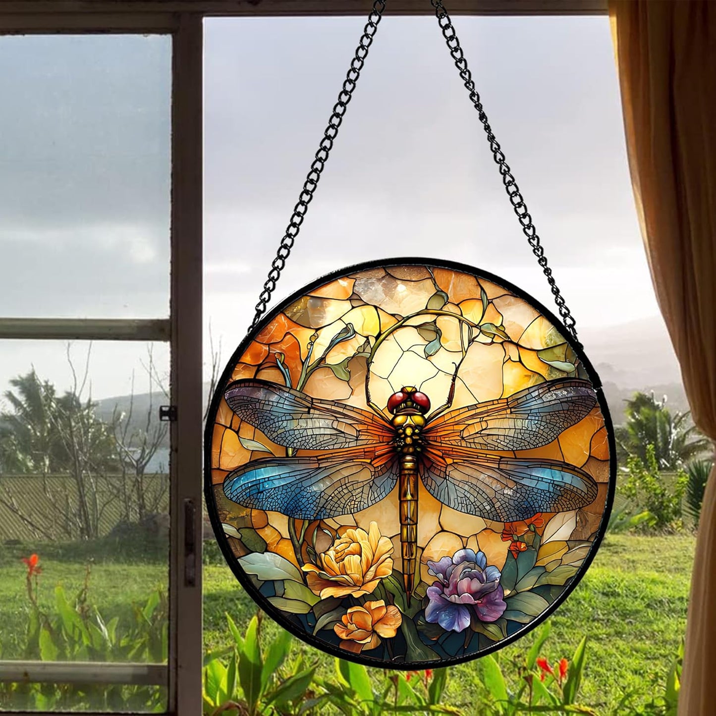 Stained Glass Window Hanging - Orange Blue Dragonfly Flower Suncatcher for Doors Window Home Sun Catchers Decor Christmas Mother's Day Birthday Outdoor Gifts for Women Men Mom Nana 9.8 in