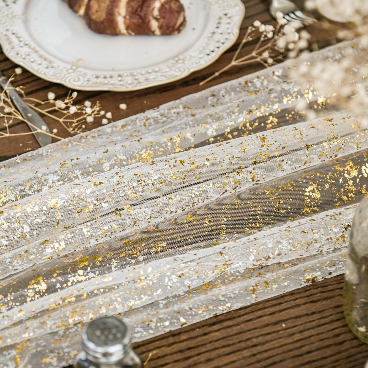 Artoid Mode 3Pcs Beige Gold Gauze Table Runner 120 Inch 10FT, Glitter Metallic Foil Sheer Dining Wedding Anniversary Holiday Birthday Table Decor for Home Party