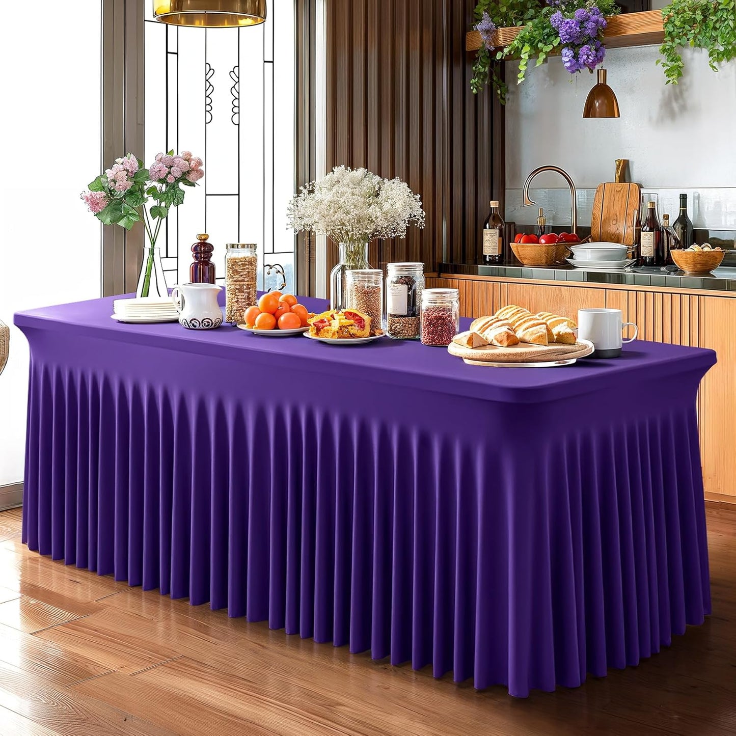Wish Care 6 Pack Dark Purple Spandex Table Clothes for 8 Foot Rectangle Tables, 8FT Wrinkle Free Fitted Tablecloths Ruffles Design Table Cover for Party, Banquet, Wedding and Events