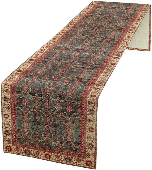 Vintage Boho Floral Table Runner, Rustic Country Farmhouse Red Teal Retro Flower Pattern for Home Kitchen Table Decor Dining Coffee Room Party Decor 13x36in