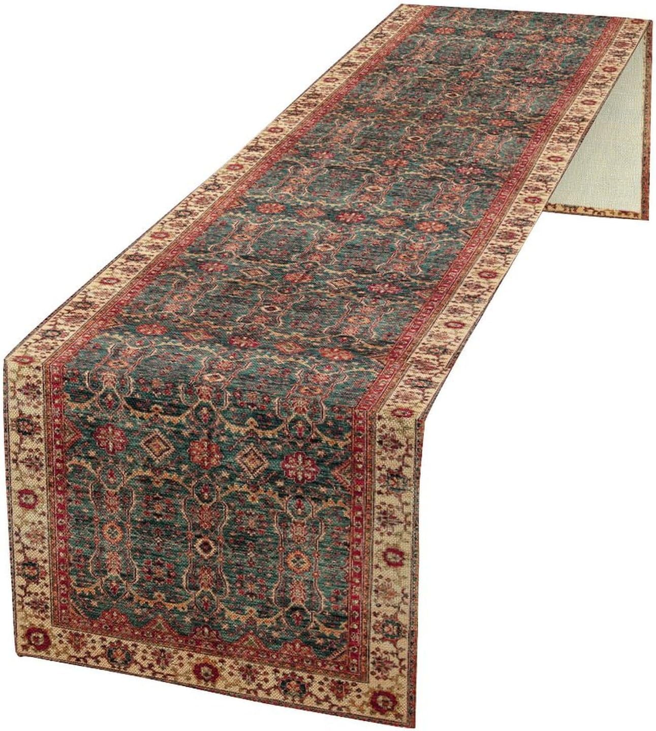 Vintage Boho Floral Table Runner, Rustic Country Farmhouse Red Teal Retro Flower Pattern for Home Kitchen Table Decor Dining Coffee Room Party Decor 13x60in