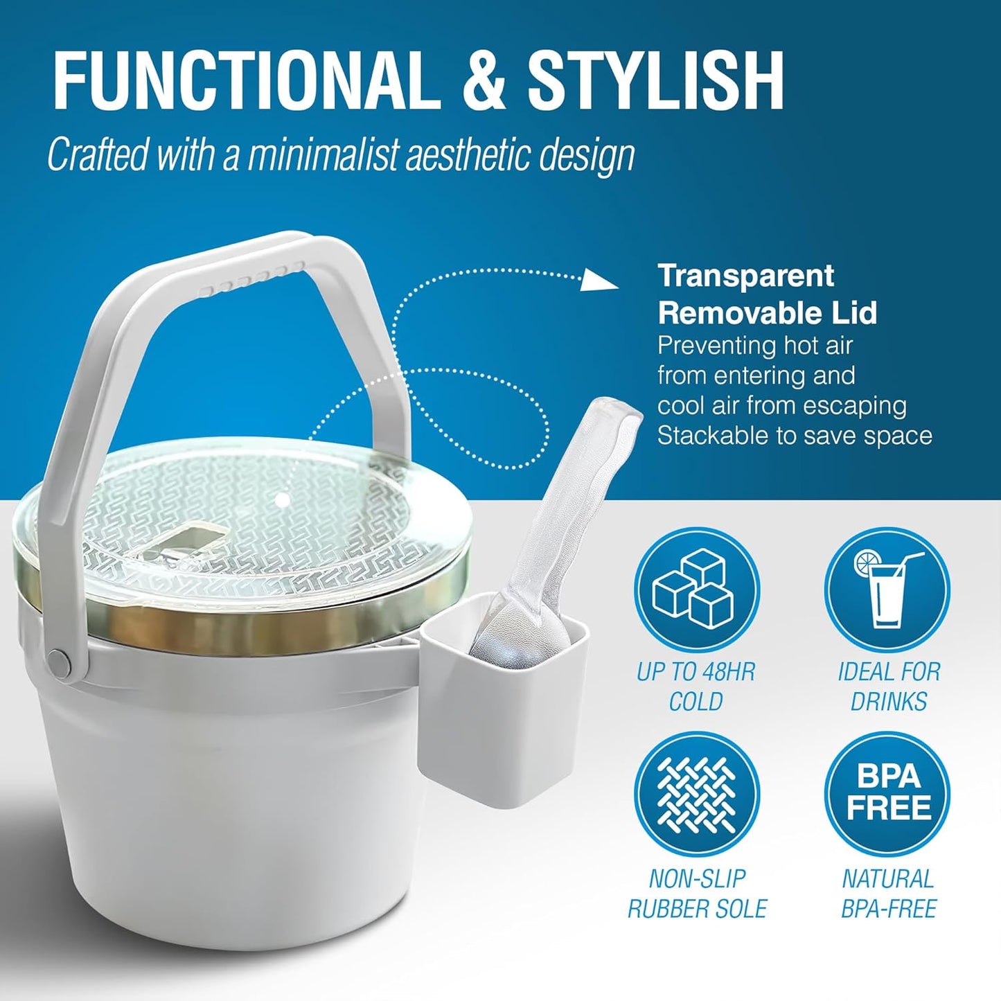 Insulated Ice Bucket with Lid & Scoop-XL Double-Walled, bar Essentials for Entertaining, Holiday Party, Stainless Steel Wine Chiller, Beverage Tub with Handle, Bottle Opener, Great Gift(White)