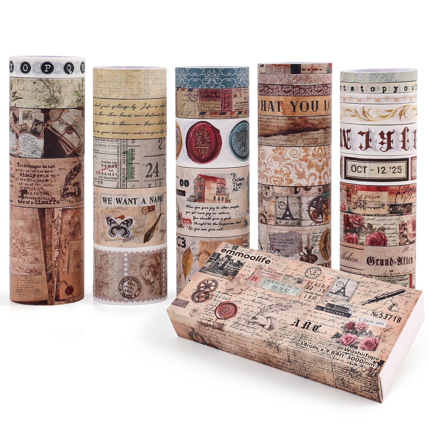 34 Rolls Vintage Washi Tape Set,Letter Map Stamp Stripe Literature Art Writable Aesthetic Washy Decorative Tapes for Scrapbooking, Junk Journal Supplies, Bullet Journaling 5-50mm Wide (3m Long)/Roll