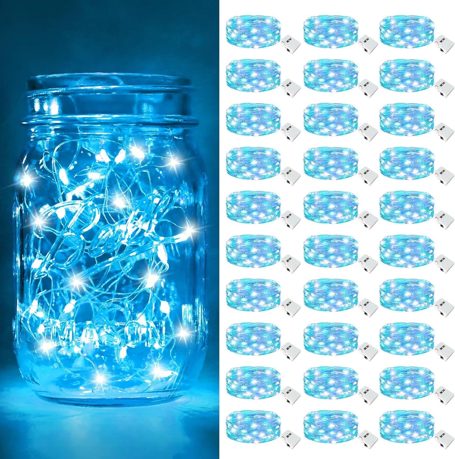 btfarm 30 Pack Fairy Lights Battery Operated [3 Modes], 7ft 20 Led Twinkle Lights String Lights Waterproof Bulk Small Mini Silver Wire for Christmas Mason Jars Wedding Table Centerpiece, Blue White