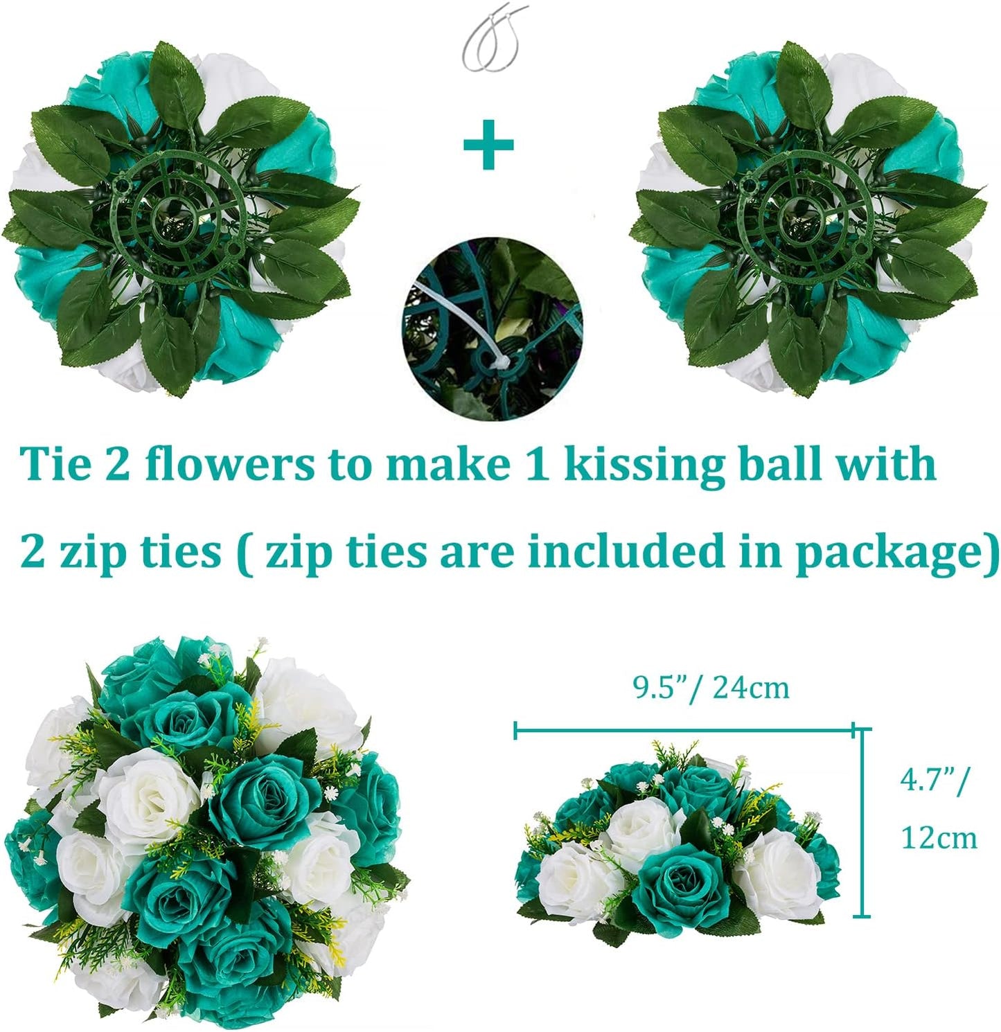BLOSMON Teal Flowers Ball Decorations: 2 Pcs Fake Roses Flower Centerpiece for Wedding Table - Artificial Silk Kissing Bouquet Floral Arrangement for Home Party Event Decor