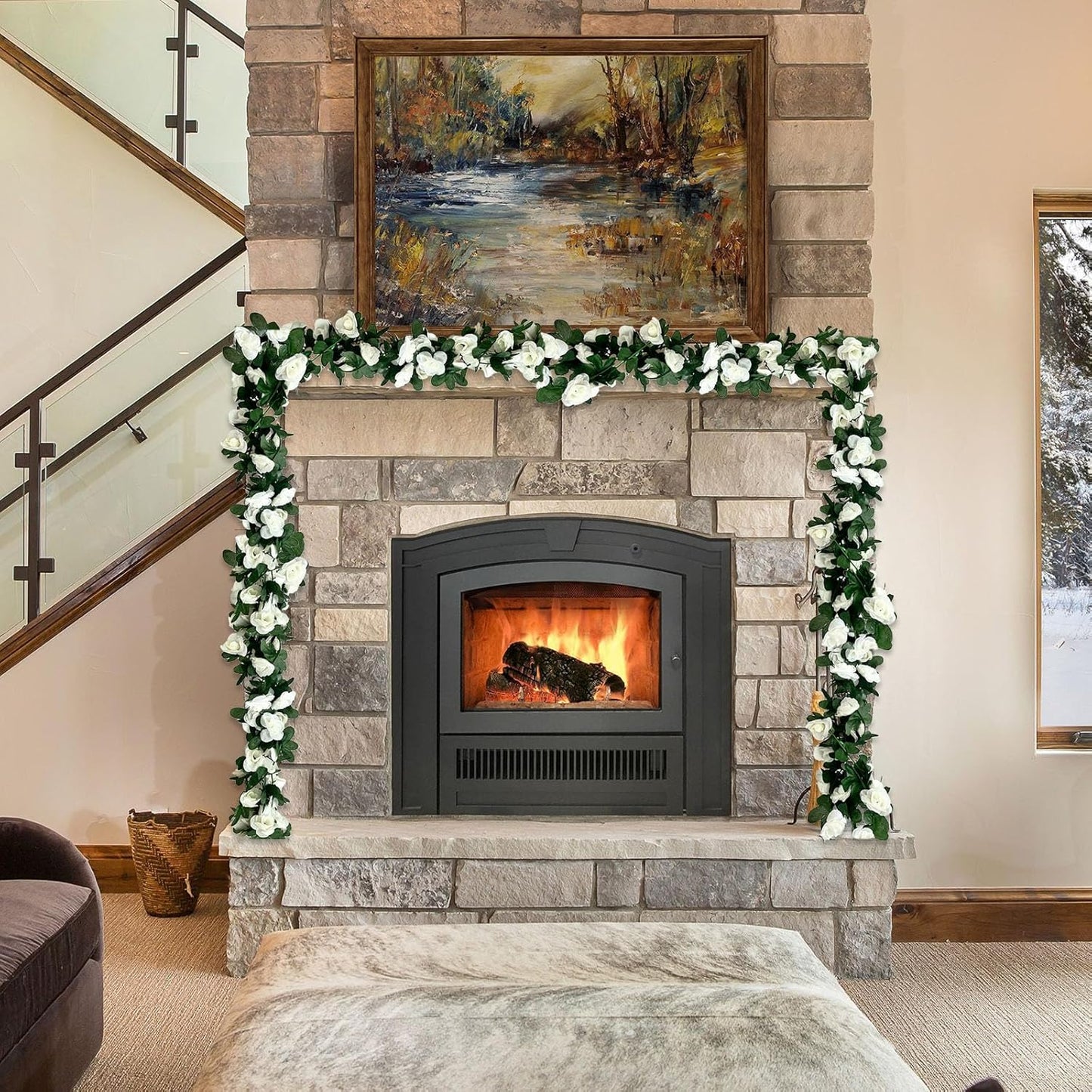 8Pcs 63Ft White Rose Garland, Fake Rose Hanging Flowers, Artificial Flower Vine, Hanging Floral Vine Garland for Wedding, Birthday Party, Wall Arch, Halloween, Christmas Garden Backdrop Decor