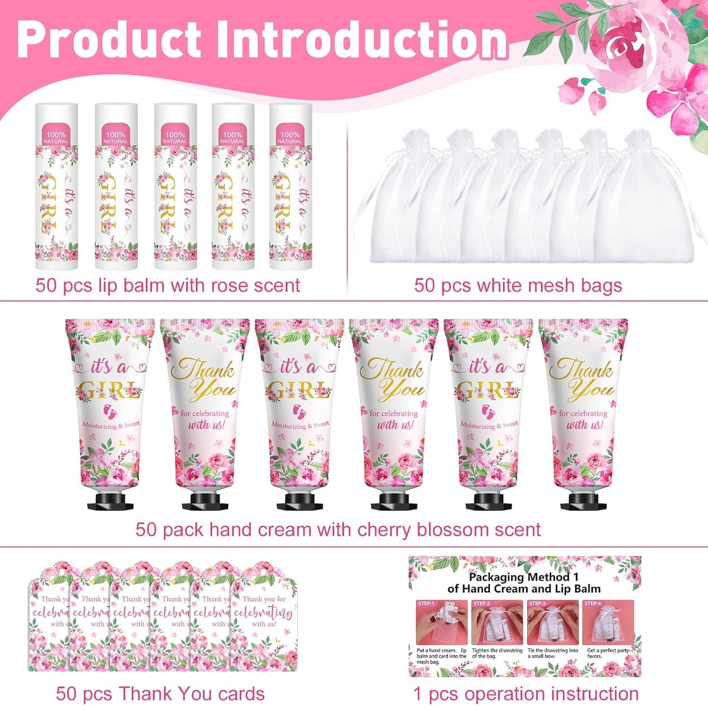 50 Pack Bulk Hand Cream and Lip Balm Gifts Sets, Baby Shower Favors and Bridal Shower Favors for Guests with Thank You Card and Organza Gift Bags, Appreciation Gifts, Wedding Party Favors (Baby Girls)