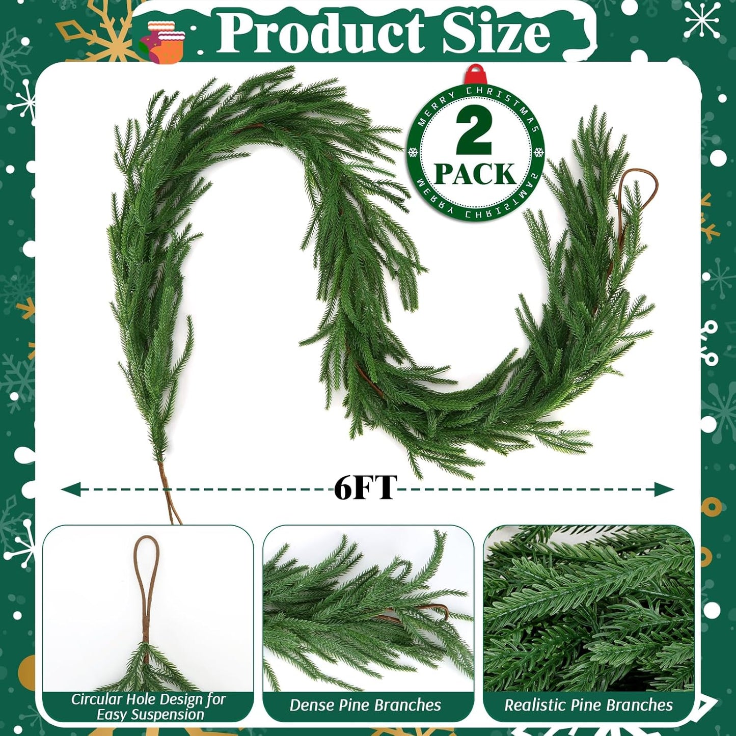 12FT（2 * 6FT）Norfolk Pine Garlands, Christmas Cedar Garland, Real Touch Faux Green Garlands, Winter Artificial Greenery Garland for Mantle, Stairs, Table, Fireplace, Indoor & Outdoor Xmas Decorations