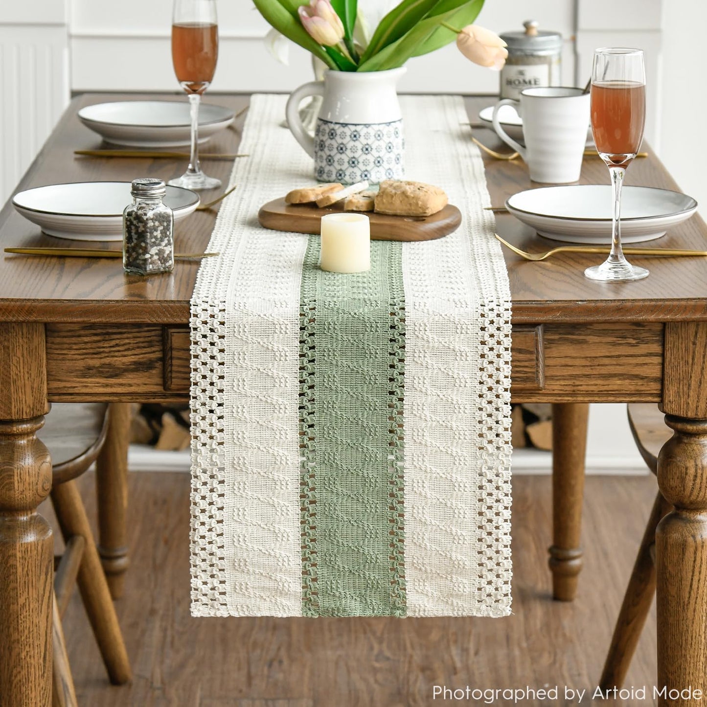 Artoid Mode Light Green Farmhouse Rustic Table Runner, Seasonal Holiday Hollow Kitchen Dining Table Decoration for Home Party Decor 12x36 Inch