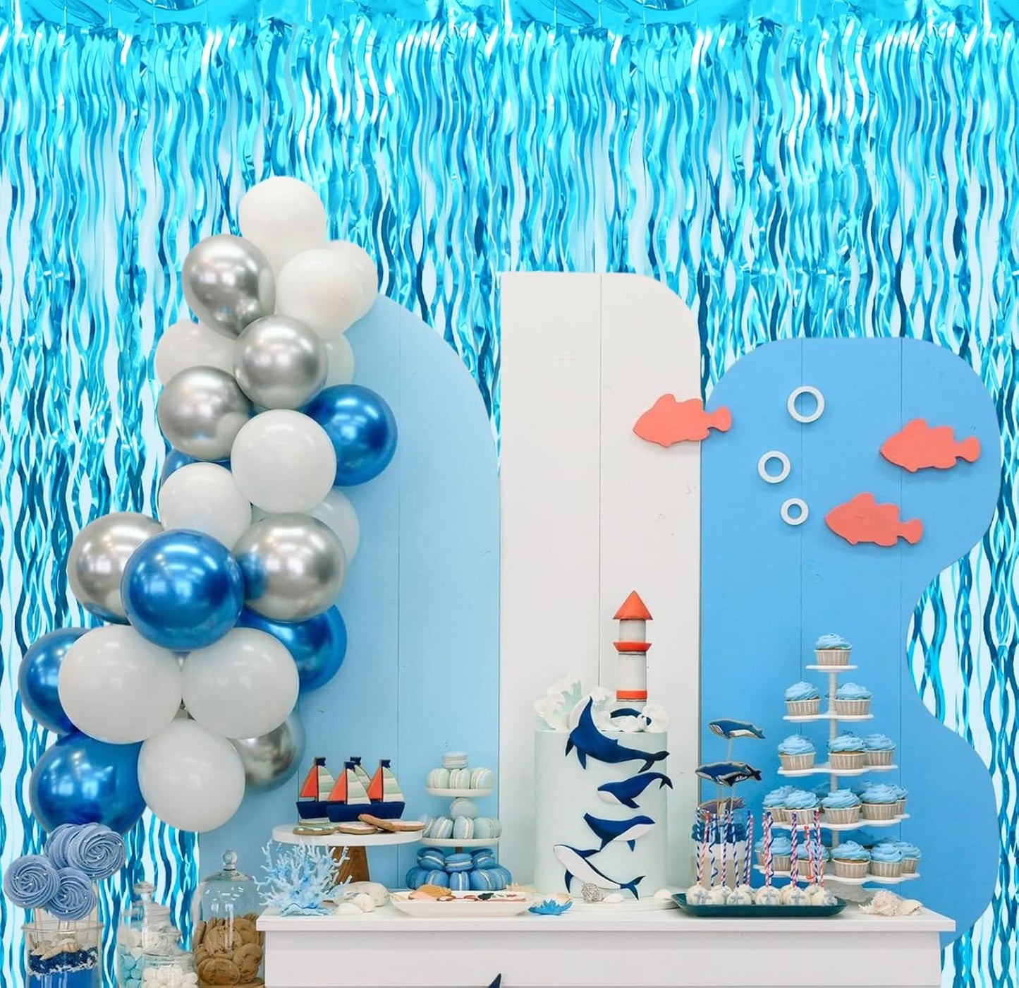 GOER 3.2 ft x 6.5 ft Metallic Tinsel Foil Fringe Curtains Party Photo Backdrop Party Streamers for Birthday,Graduation,New Year Eve Decorations Wedding Decor (1 Pack,Wavy Light Blue)